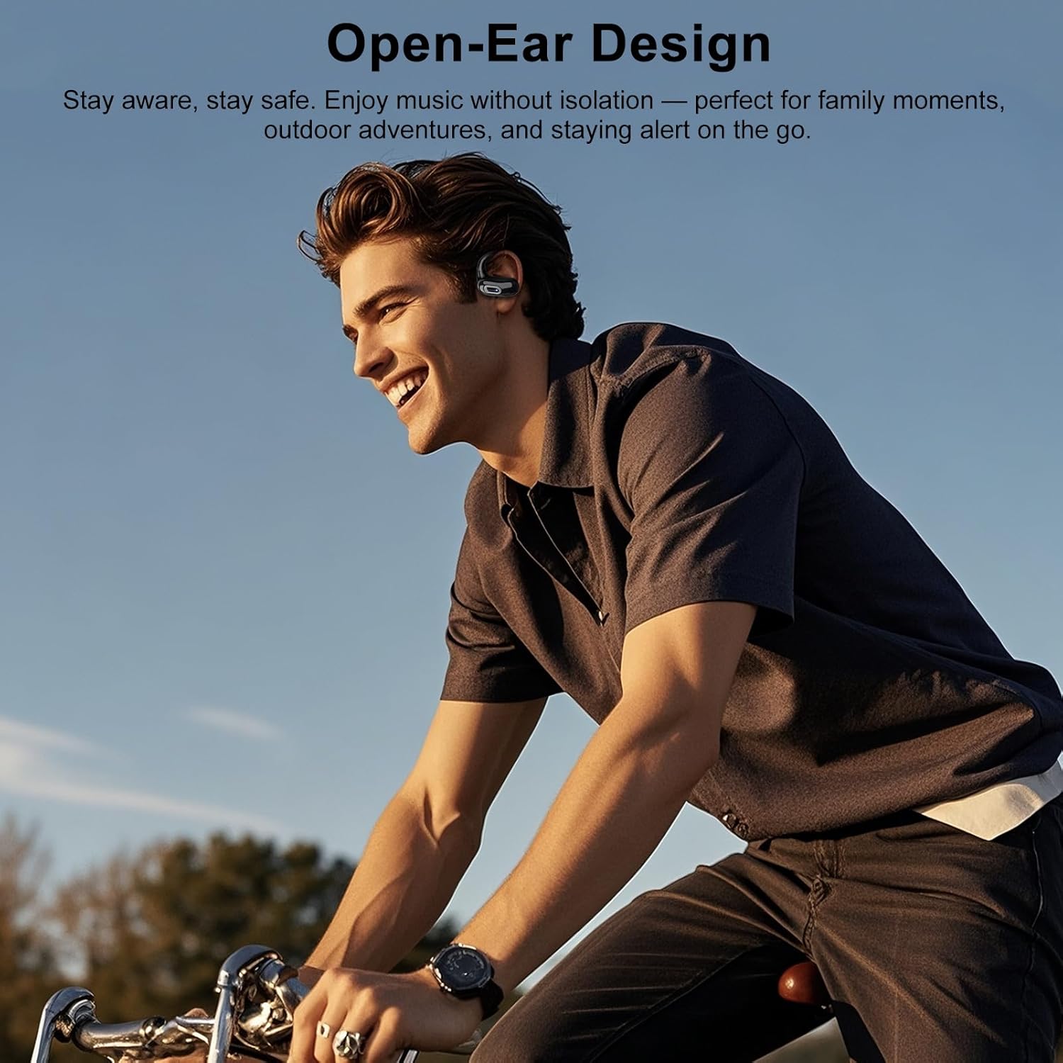 A person cycling outdoors wearing the Qecnato Q77 open-ear earbuds, demonstrating the design for outdoor activities.