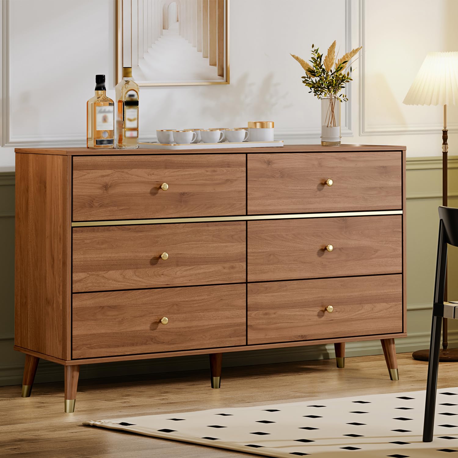 Cómoda de 6 cajones, cómoda de mediados de siglo de 47 pulgadas de ancho, cómoda de madera para dormitorio con 6 cajones de almacenamiento para dormitorio, sala de estar, con dispositivo 6