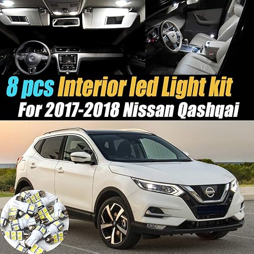 Paquete de 8 bombillas LED para interior de automóvil, color blanco superblanco, 6000 K, compatible con Nissan Qashqai 2017-2018