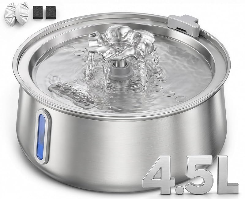 Fonte para gatos em aço inoxidável Emdoro PF-529 com filtragem em 4 estágios, 4,5 L e 2 conjuntos de filtros