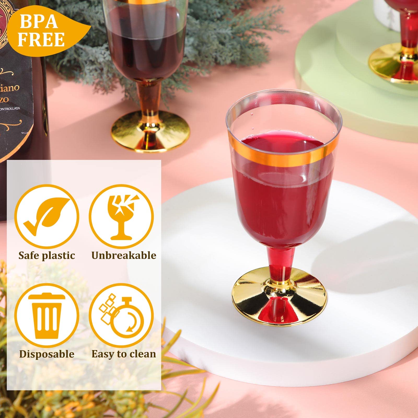 Lot de 100 verres à vin en plastique transparent avec tige, 177 ml