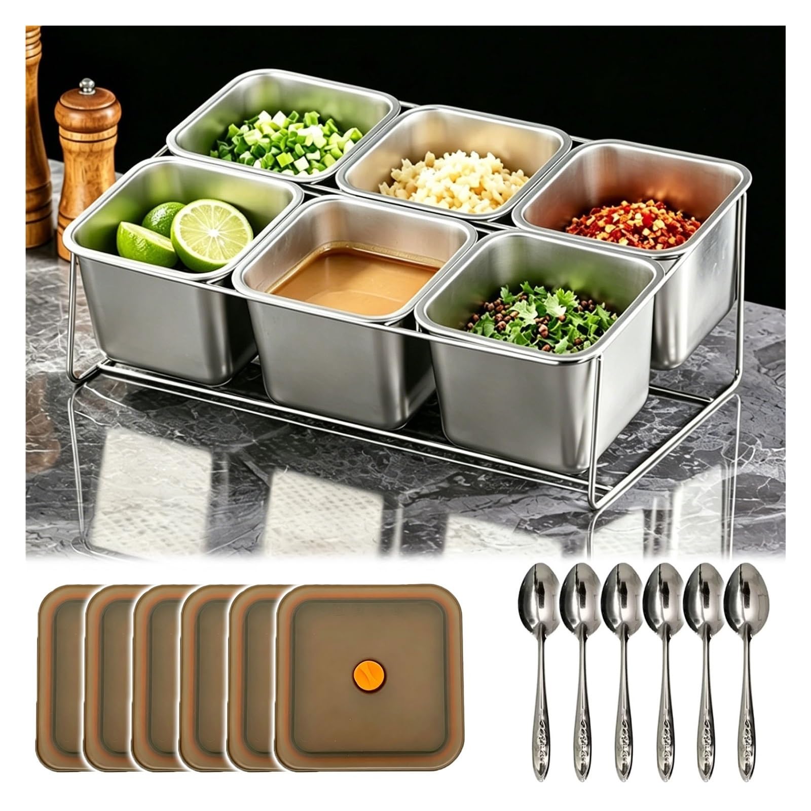 Tyzlup Commercial Condiment Station 304 Stainless, 8 Compartment Food Prep Station with Removable Pan Rack, Topping Bar for Kitchen Buffet Salad Pizza
