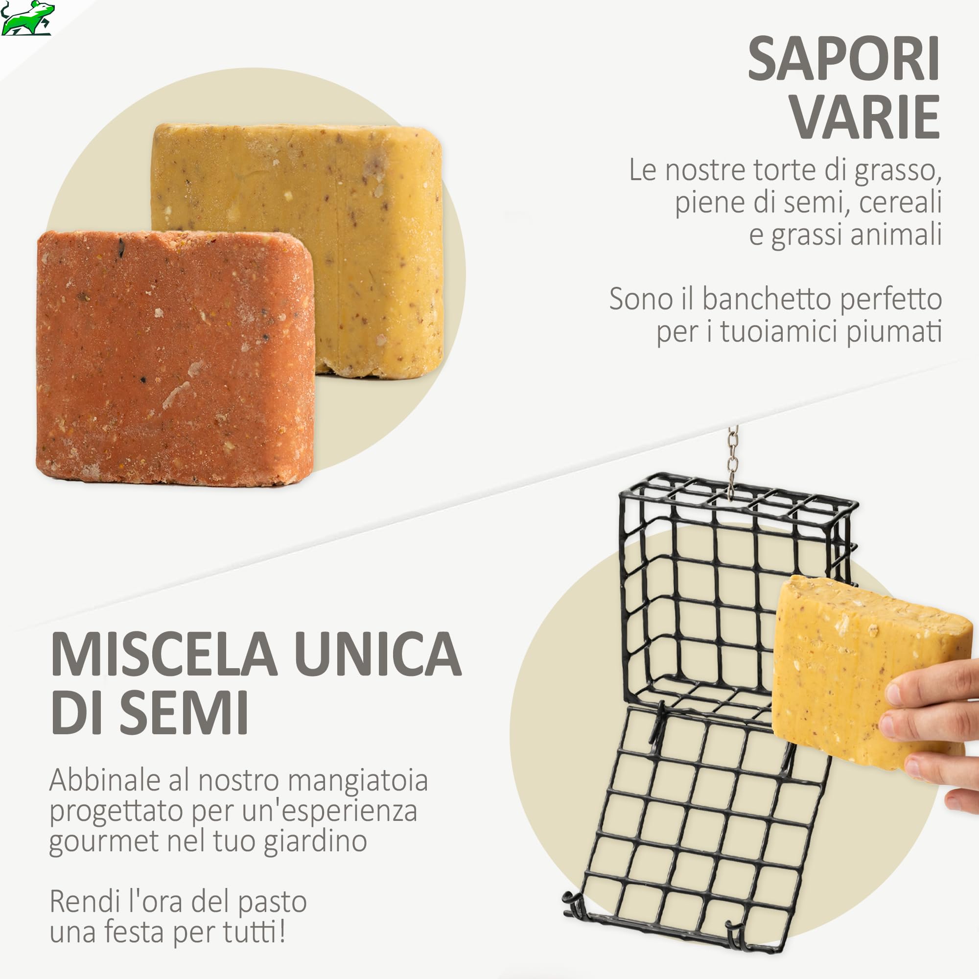 Mice&Co Torte di Sugna per Uccelli Selvatici - Torta di Suet Strutto Grasso Naturali, Snack Nutrienti Cibo con Semi, Giardino | Pack 6 pezzi