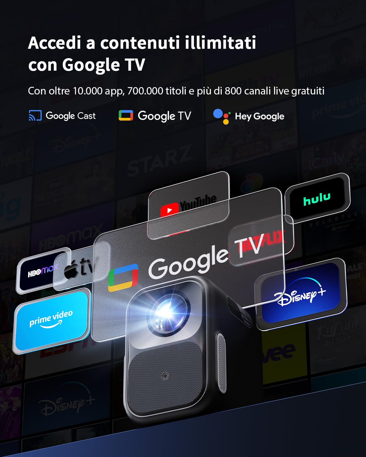 WEMAX Mini Proiettore con Google TV e Netflix Certificato, Nativo 1080P Full HD, 300 ISO Lumen, Autofocus e Keystone Automatico, HDR10, Dolby Audio, WiFi Bluetooth Smart Beamer per Home Cinema, Gaming