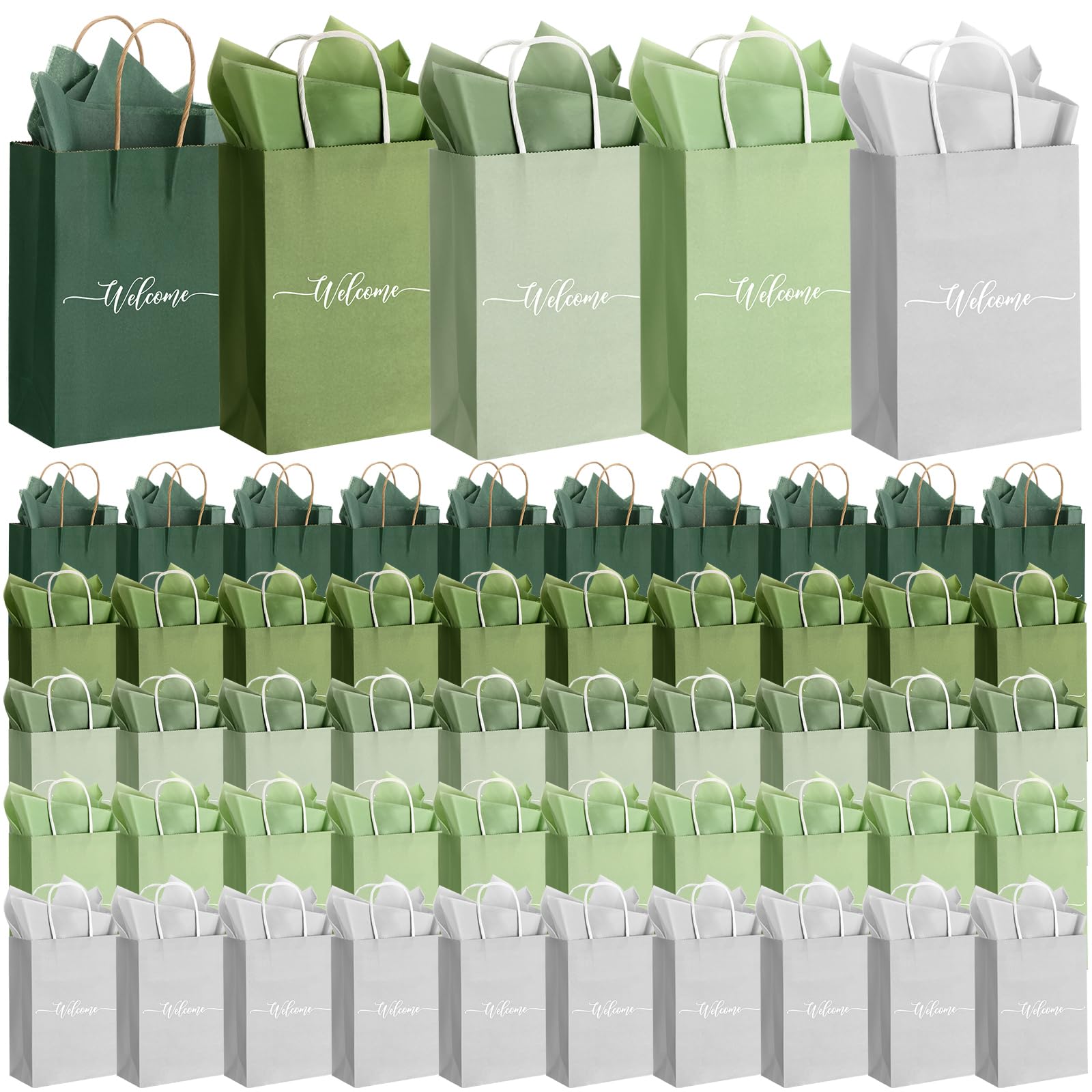 Kolldenn 15 Sets Sage Green Wedding Welcome Bags for Guests, Gift Bags Bulk with Handles and Tissue Paper, Bridal Shower Wedding Favor, Church and