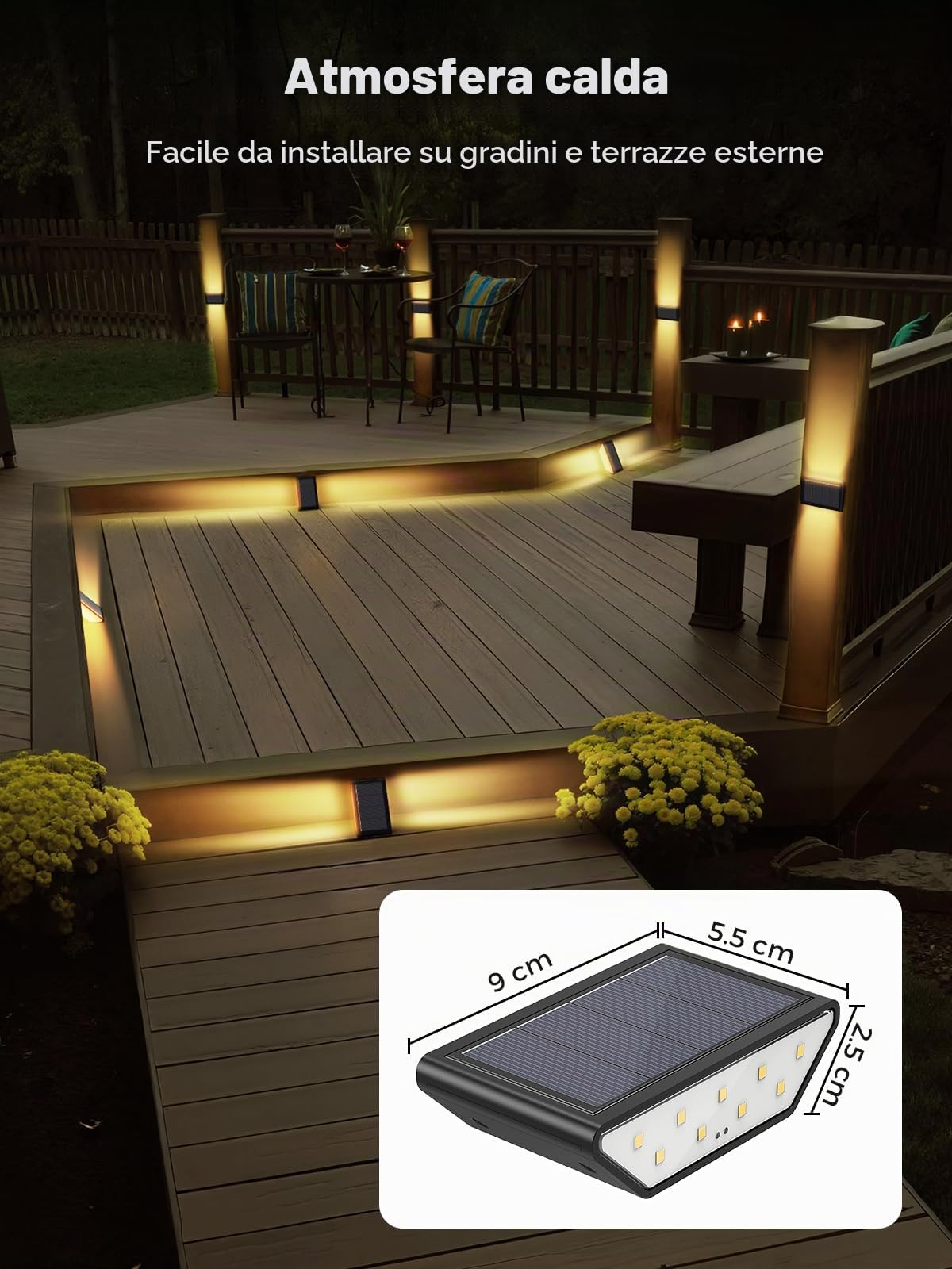 Smiling Shark Lampada Solare da Esterno, 6 Pezzi LED Solare Lampada da Scala Bianca Calda illuminazione a Doppio Lato IP65 Impermeabile Luci Solari per Scale Esterne Giardino Cortile