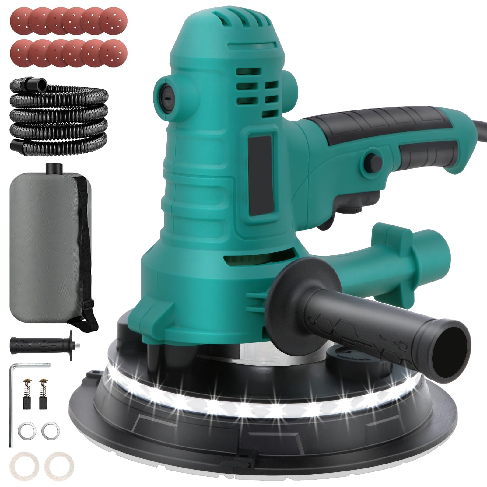 Trockenbauschleifer 800W – 6 Geschwindigkeiten, 180 mm Schleifteller mit Bürstenkranz, Staubabsaugung, 12 Schleifblätter, für Wände & Decken (blau)