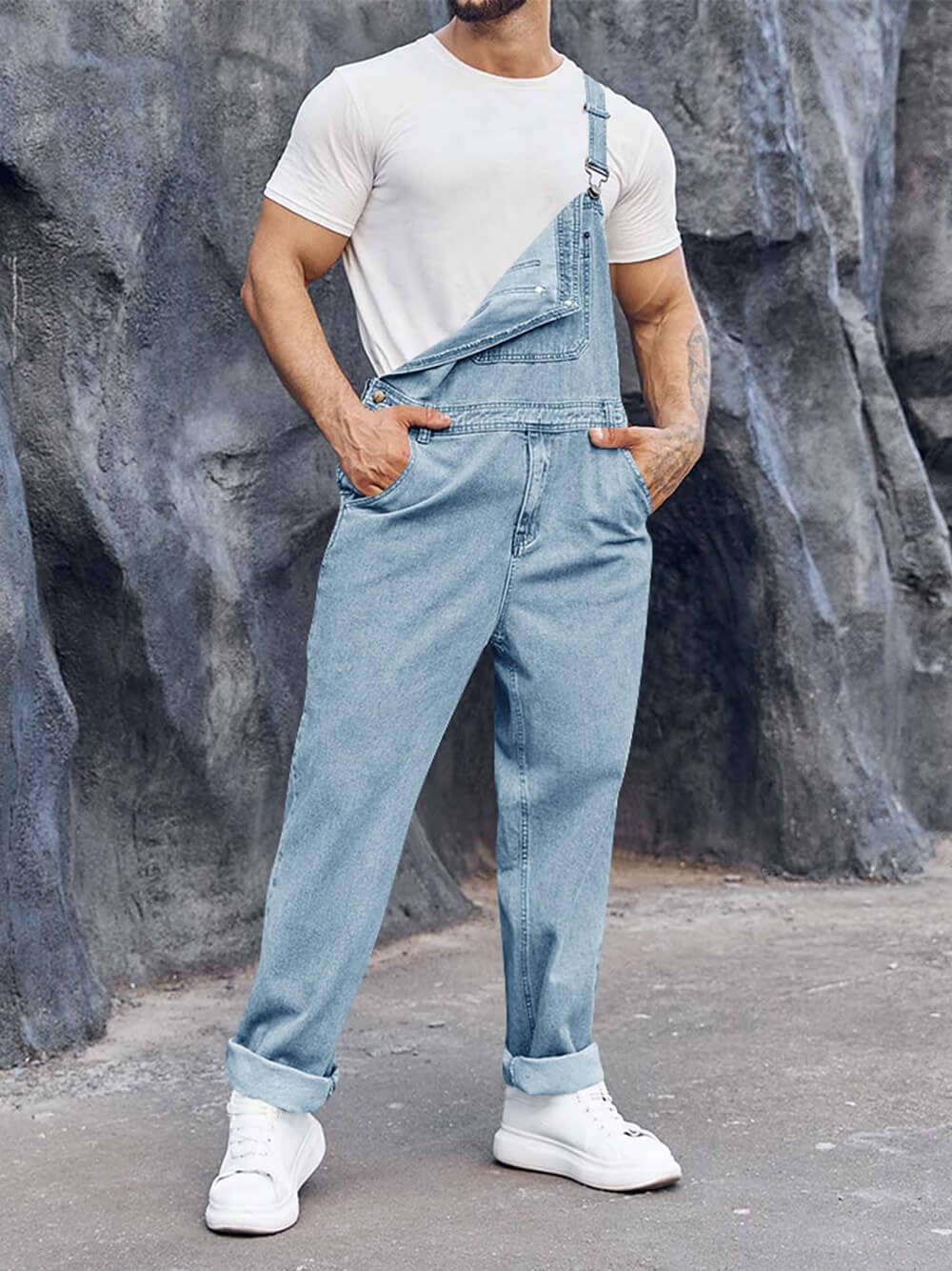 Runcati Salopette en denim pour homme - Pantalon de travail - Pantalon d'été streetwear - Décontracté - Bretelles réglables