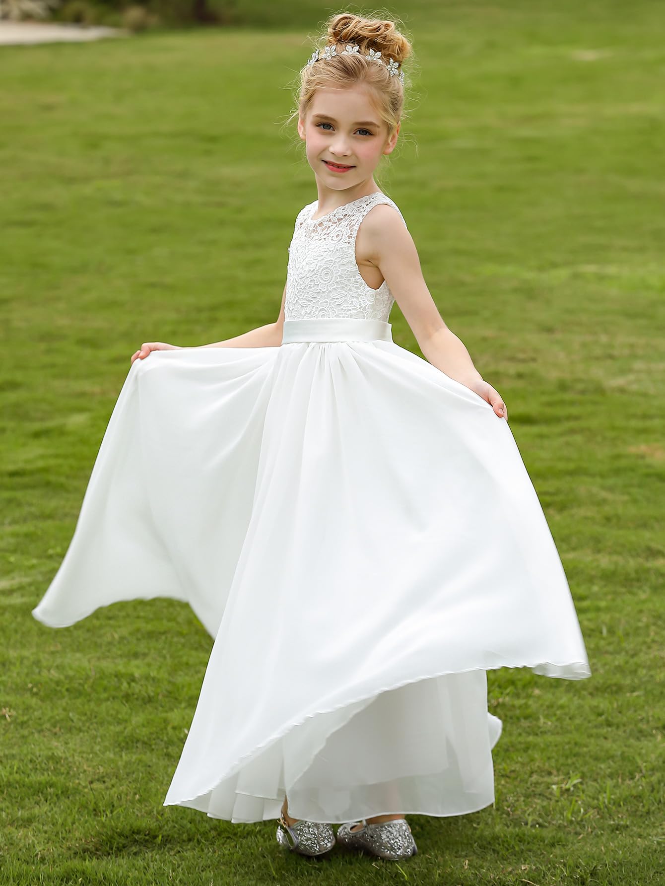 Elegante abito da ragazza di fiori, pizzo e tulle, lunghezza a terra, linea ad A, abiti da festa