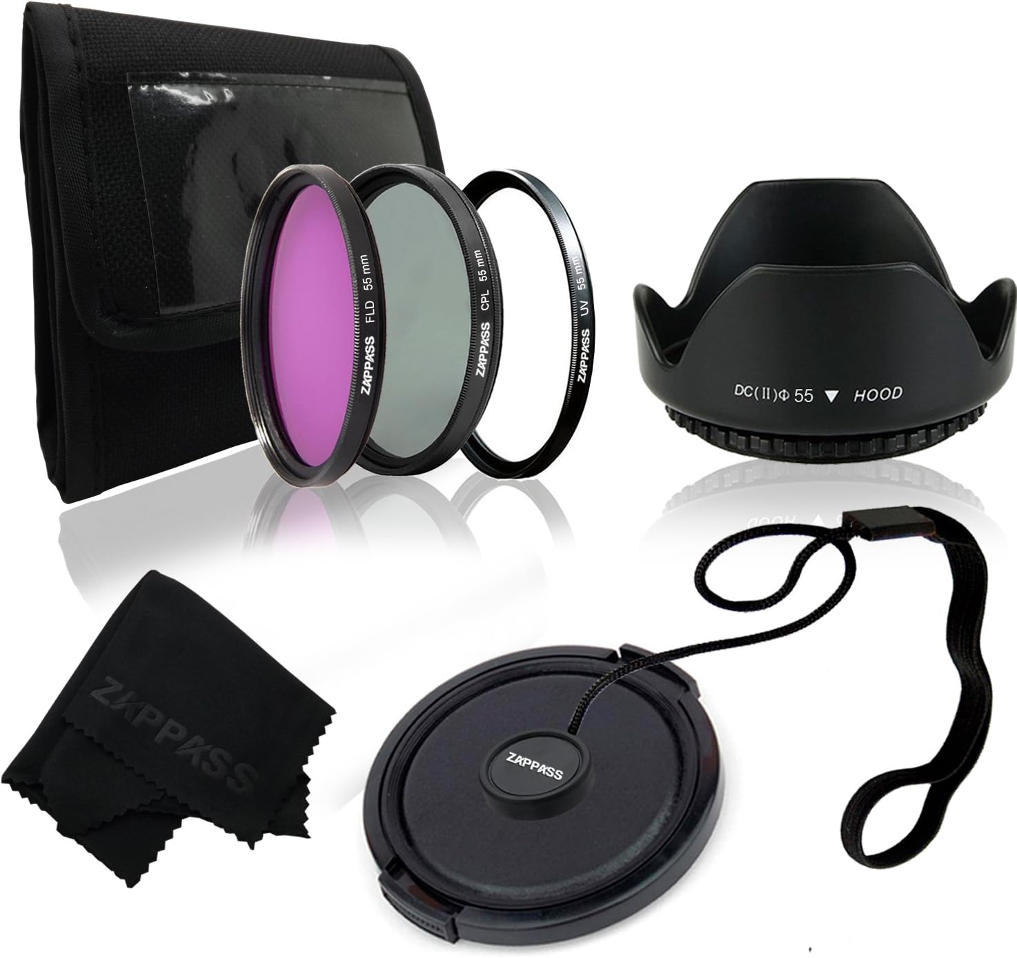 55mm Professional Lens Filter Set for Sony Alpha Series (A99, A77, A58, A57, A65, A55, A 390, A100, A33, A900, A850, A700, A500 A330, A300 A230, A200) DSLR cameras with 18-55mm, 75-300mm f/4.5-5.6, 50mm f/1.4 lenses*** Includes: UV Protection Filter + CPL Filter + FLD Fluorescent Filter + Tulip Lens Hood + Snap On Lens Cap + JB Digital Microfiber Lens Cleaning Cloth