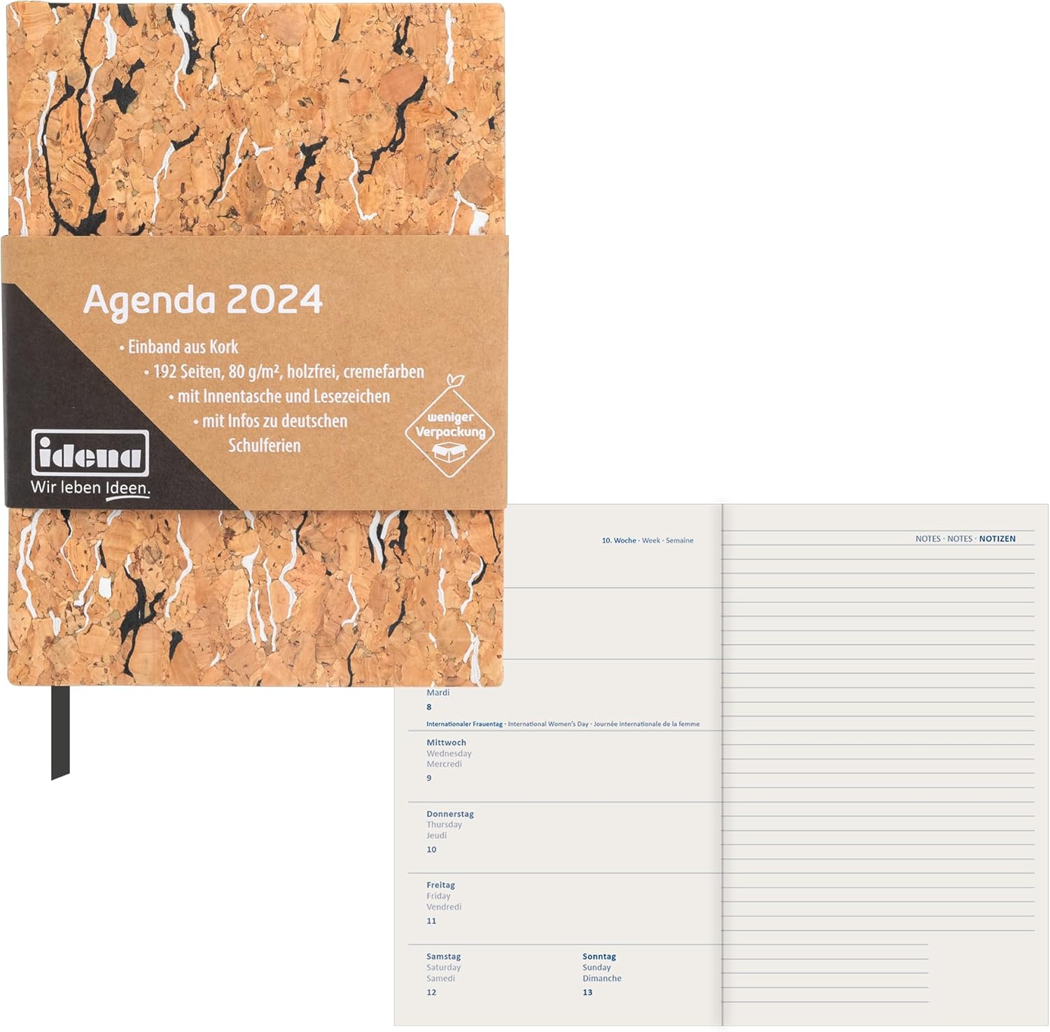 Idena 11057-2024 Diary - DIN A6, Cork, 192 Pages, 1 Week on 1 Page, Agenda, Weekly Planner