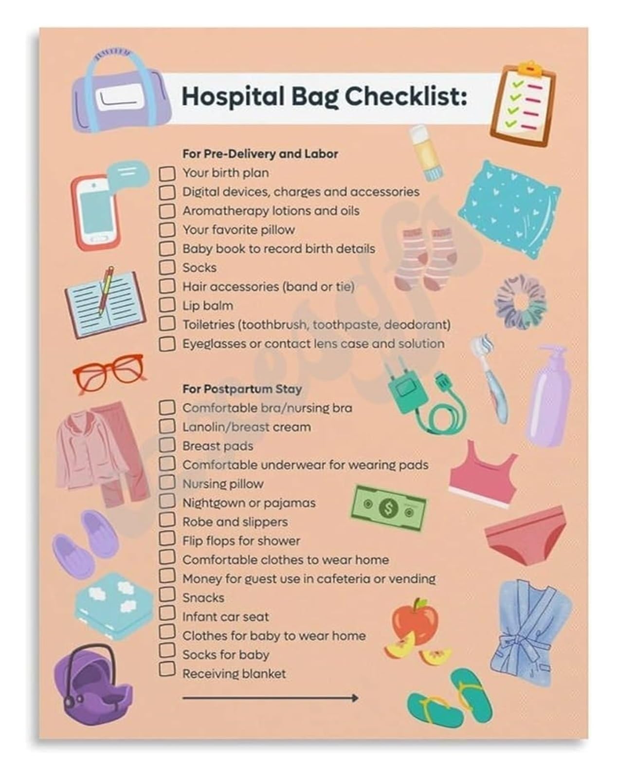 HSMXNEONJB Ultimate Hospital Bag Checklist Poster Labor Delivery Preparation Guide for Parents Pregnancy Third Trimester(Framed,16x24inch(40x60cm))