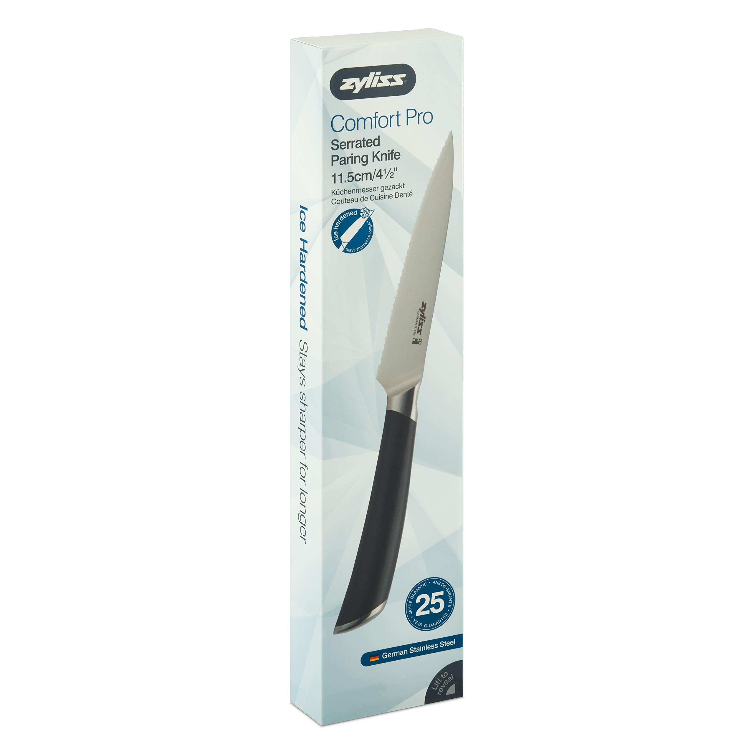 Zyliss Comfort Pro ząbkowany nóż do obierania 11,5 cm, kuty nóż ze stali nierdzewnej, antybakteryjny czarny uchwyt