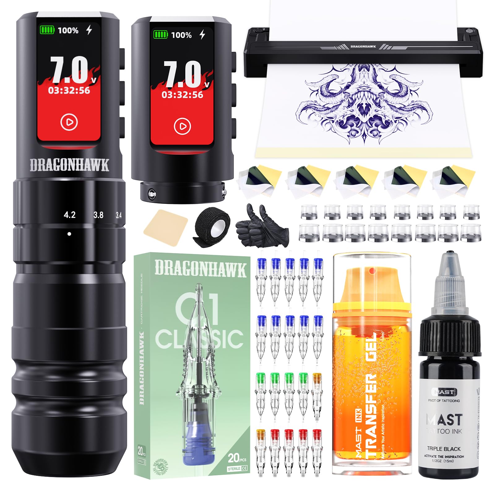 Dragonhawk A3 Pro Wireless Tattoo Machine Kit with A4 Stencil Printer