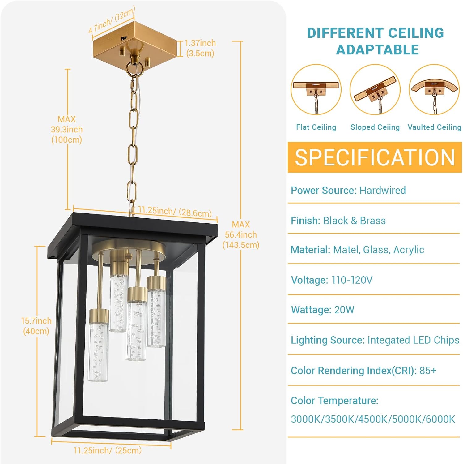 LOUSACE Modern LED Outdoor Pendant Light Black & Brass 4 Lights Large Exterior Hanging Light Fixtures, 5CCT Dimmable LED Outdoor Chandelier Pendant Lantern with Clear Glass for Front Porch Entrance