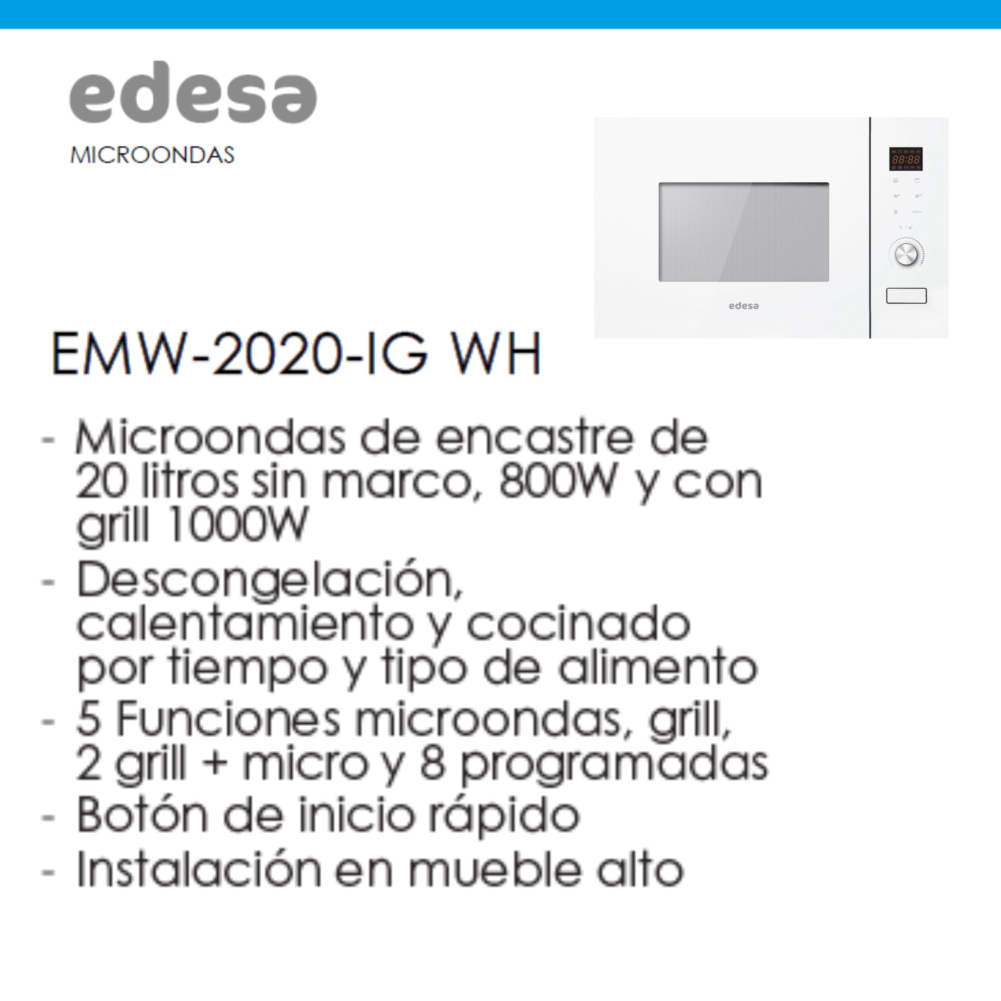 EDESA Mikrowelle EMW-2020-IG WH mit Einbau, 20 l, 800 W und Grill, 1000 W, Innengehäuse aus Edelstahl, Auftau- und Heizfunktionen, Breite 59,5 cm, Weiß