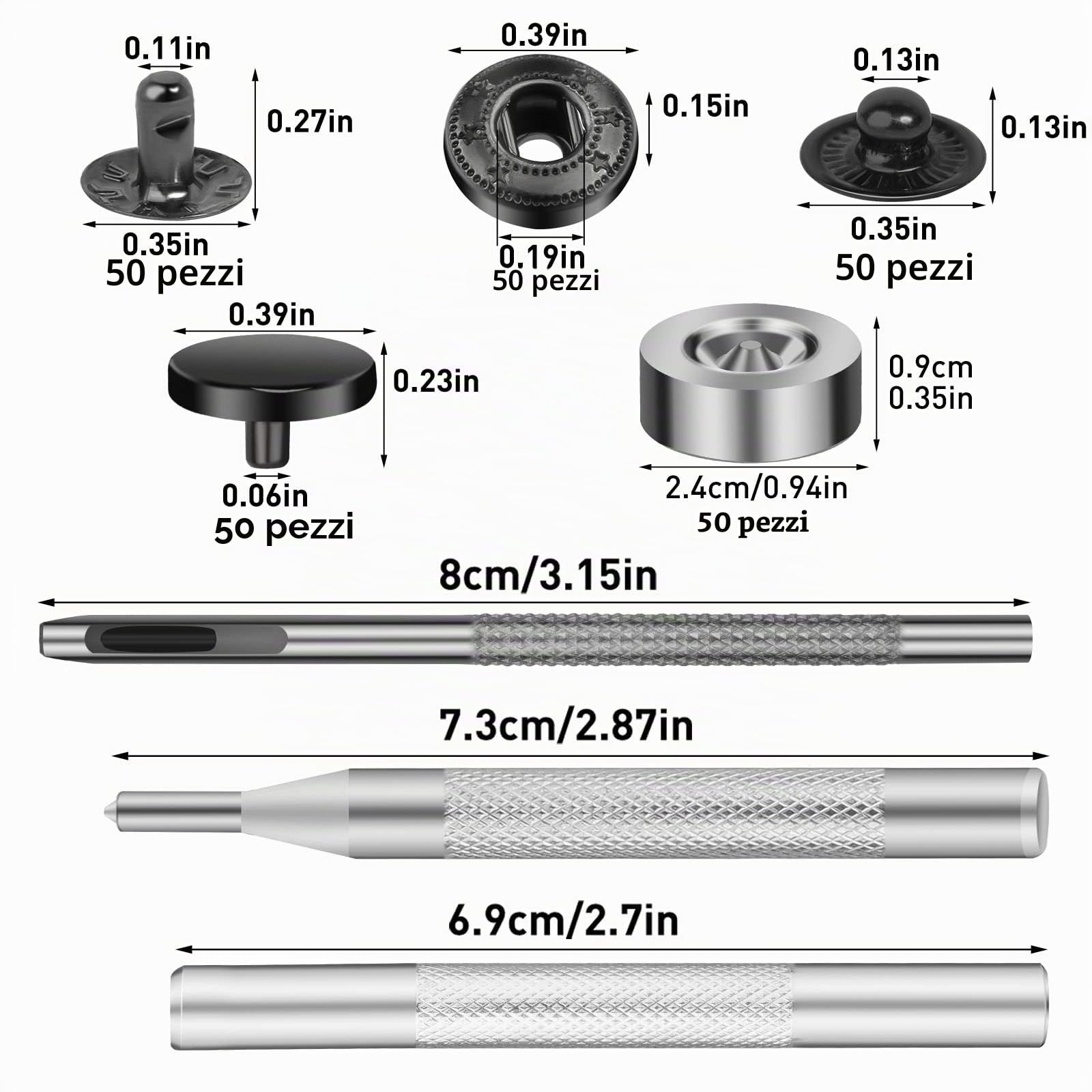 Benlay 50 set di bottoni a pressione in pelle, set di bottoni a pressione da 10 mm con strumento di installazione a 4 pezzi, bottoni a pressione in pelle per cucire vestiti, borse e lavori fai da te
