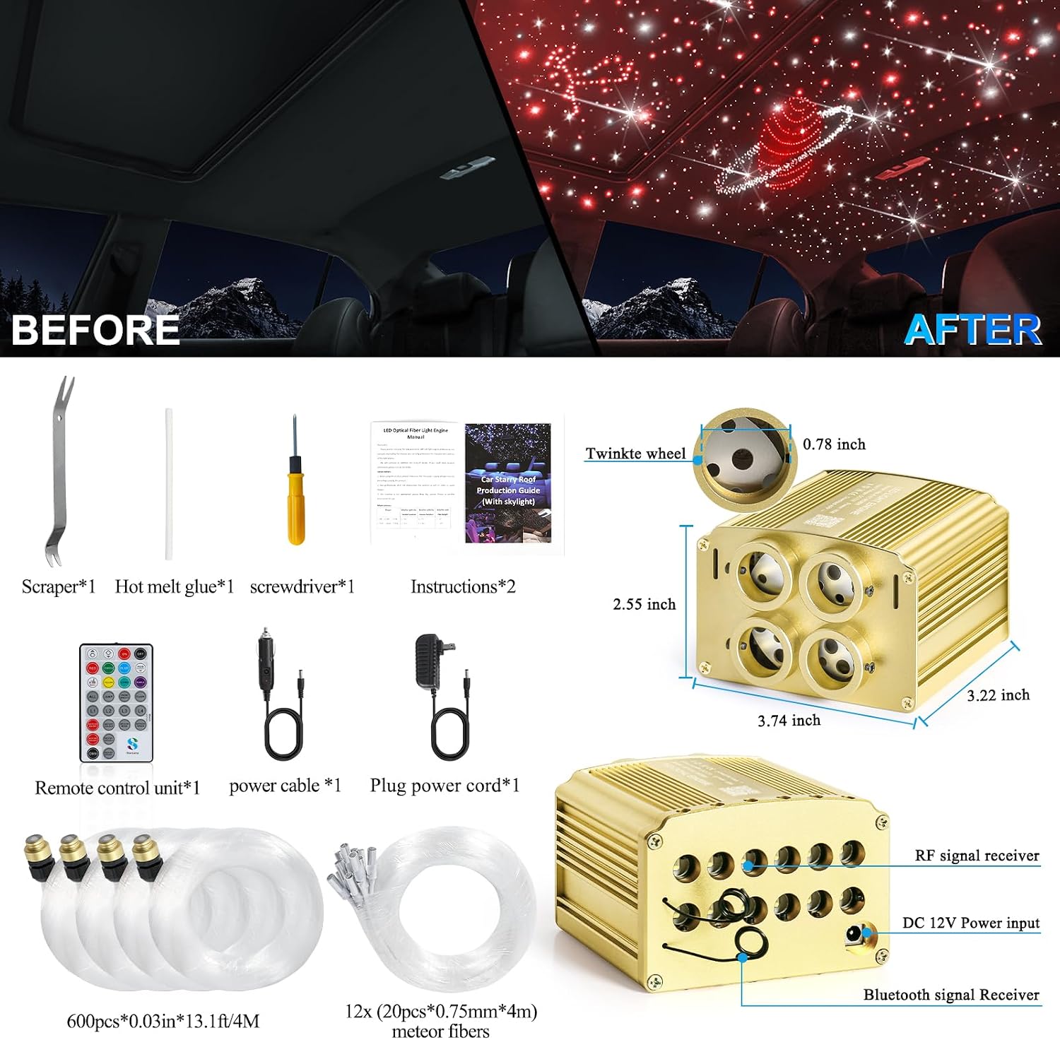 Car Starlight Headliner Kit, 4 Colors 32W Twinkle & Meteor Fiber Optic Shooting Stars Lights, 2 in 1 Light Engine 600pcs*0.03in*13.1ft+240 RGBW 4 Port Ceiling Starlights for Car Home Roof Décor
