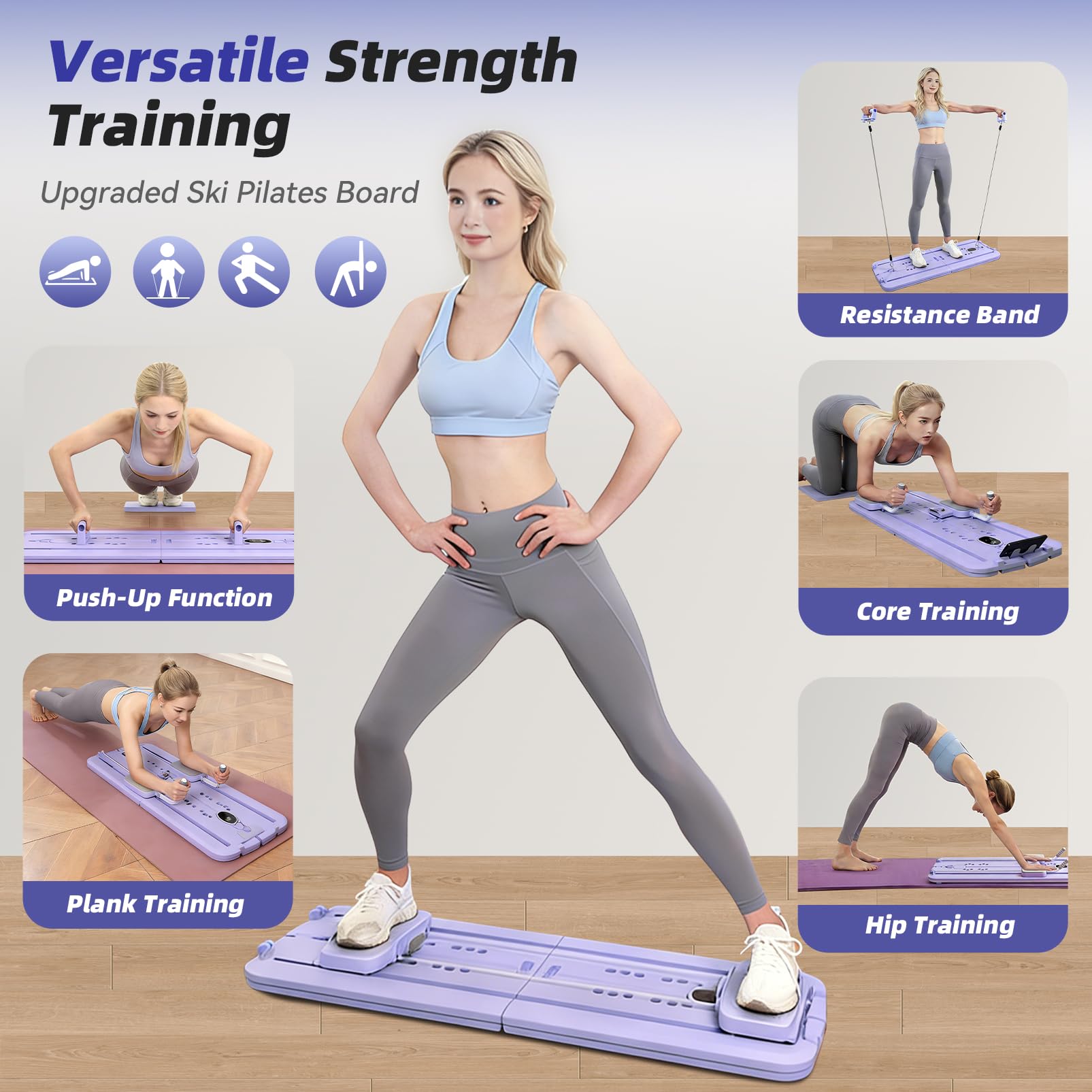 Pilates Reformer, Pilates Board Pliable, Planche Pilate Multifonctionnelle avec Rouleau Abdominal Rebond Automatique, Pompes et Corde de Tension, Kit Pilates Maison