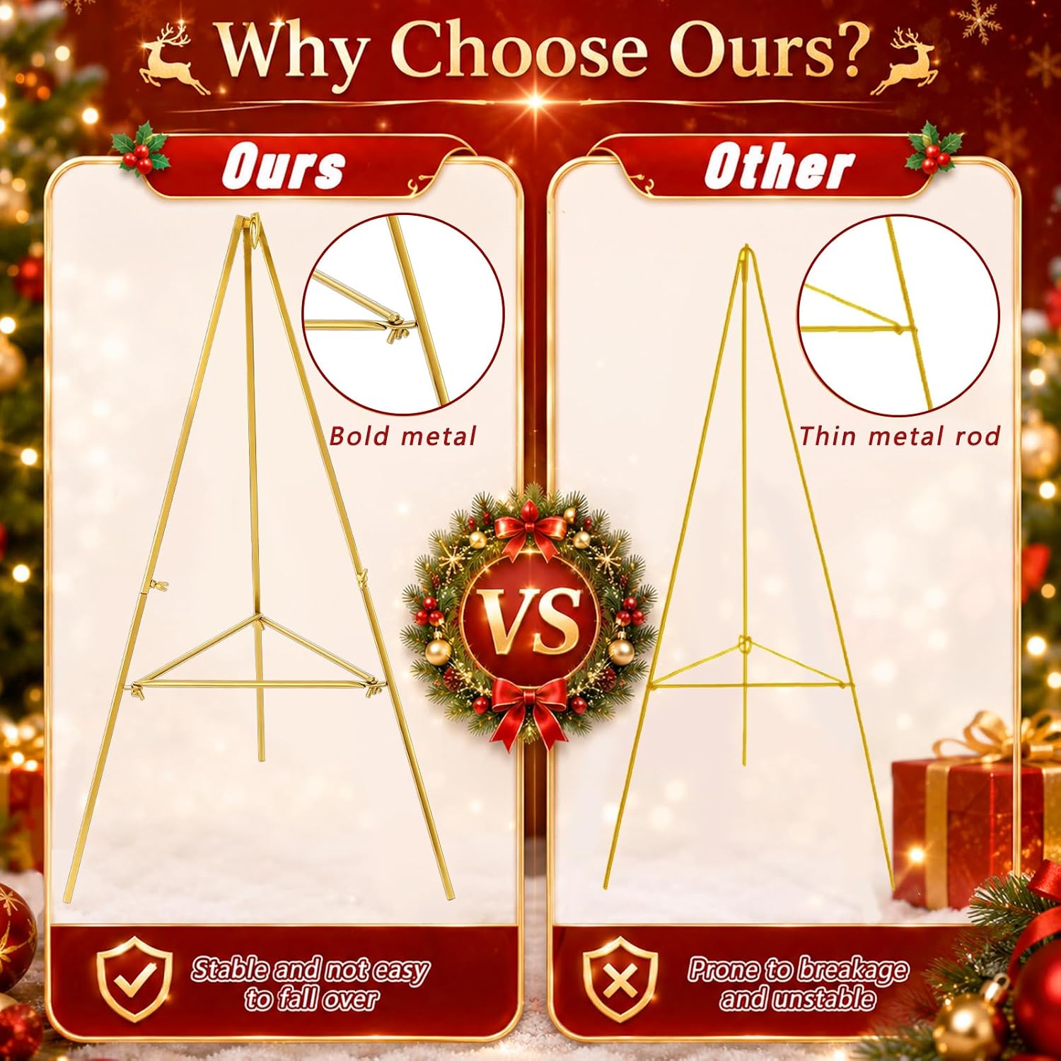 Gold Christmas Metal Wreath Stand for Cemetery,1 Pcs 30 Inch | Easy Assembly Tripod with Hook for Funeral Wreath, Wedding Decor, Detachable, Seasonal Displays for Christmas,Cemetery Decor