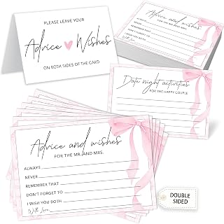 Pink Bow Advice and Wishes for the Mr and Mrs - 50 Packs Wedding Advice Cards Bridal Shower Game Cards Reception Guest Book for Bride Groom Newlywed Engagement Party Decoration -A05