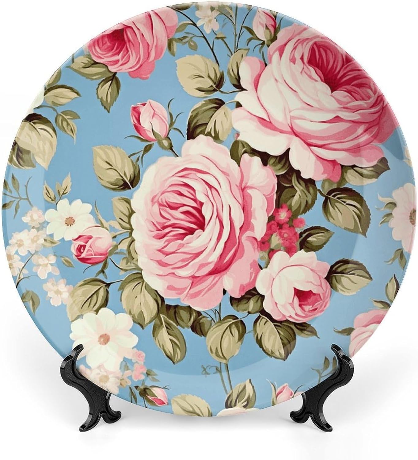 Bone China Decorative Plates Vintage Rose Blue Ceramic Decorative Plate Wall Decor with Display Stand Ceramic Ornaments for Wall Hanging Decoration
