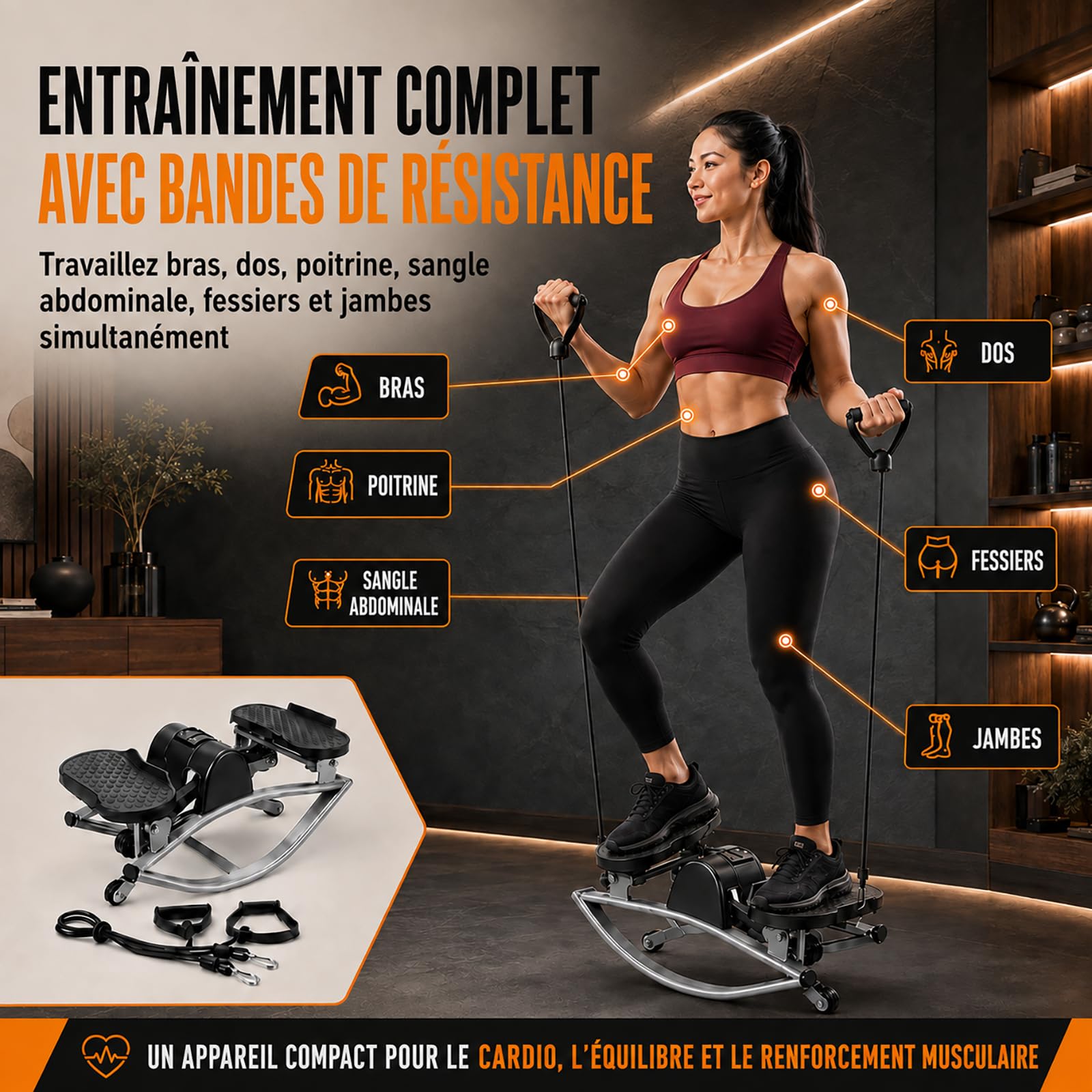 Aparato de fitness Stepper de apartamento con elásticos, Stepper lateral silencioso para entrenamiento cardio y culturismo, sin montaje, 113 kg
