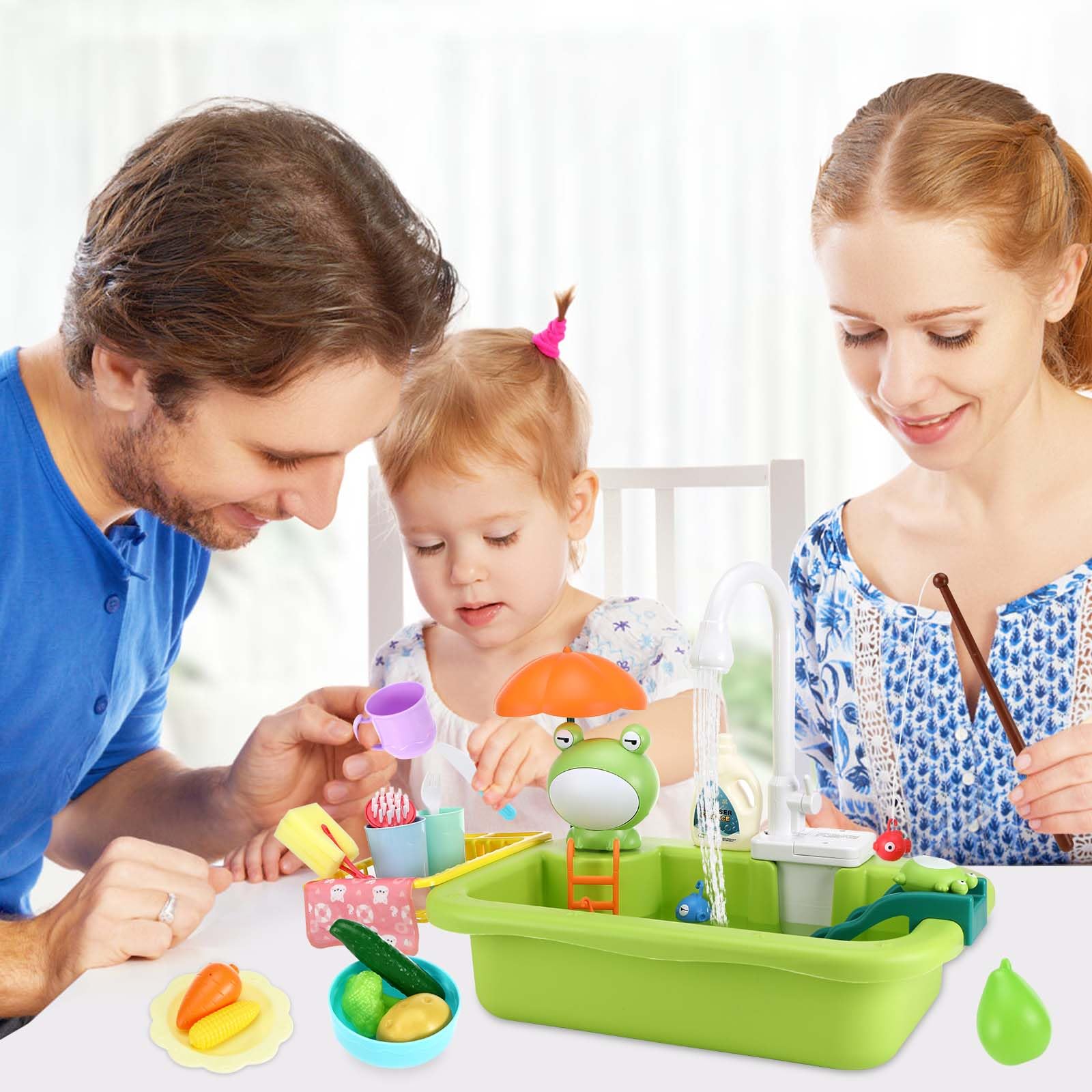 Spielspüle Spielzeug, 2 in 1 Kitchen Sink Toy Set mit Küchenspielzeugzubehör und Angelspiel, Waschbecken Kinder mit Wasserfunktion Geeignet als Geschenk für Jungen und Mädchen