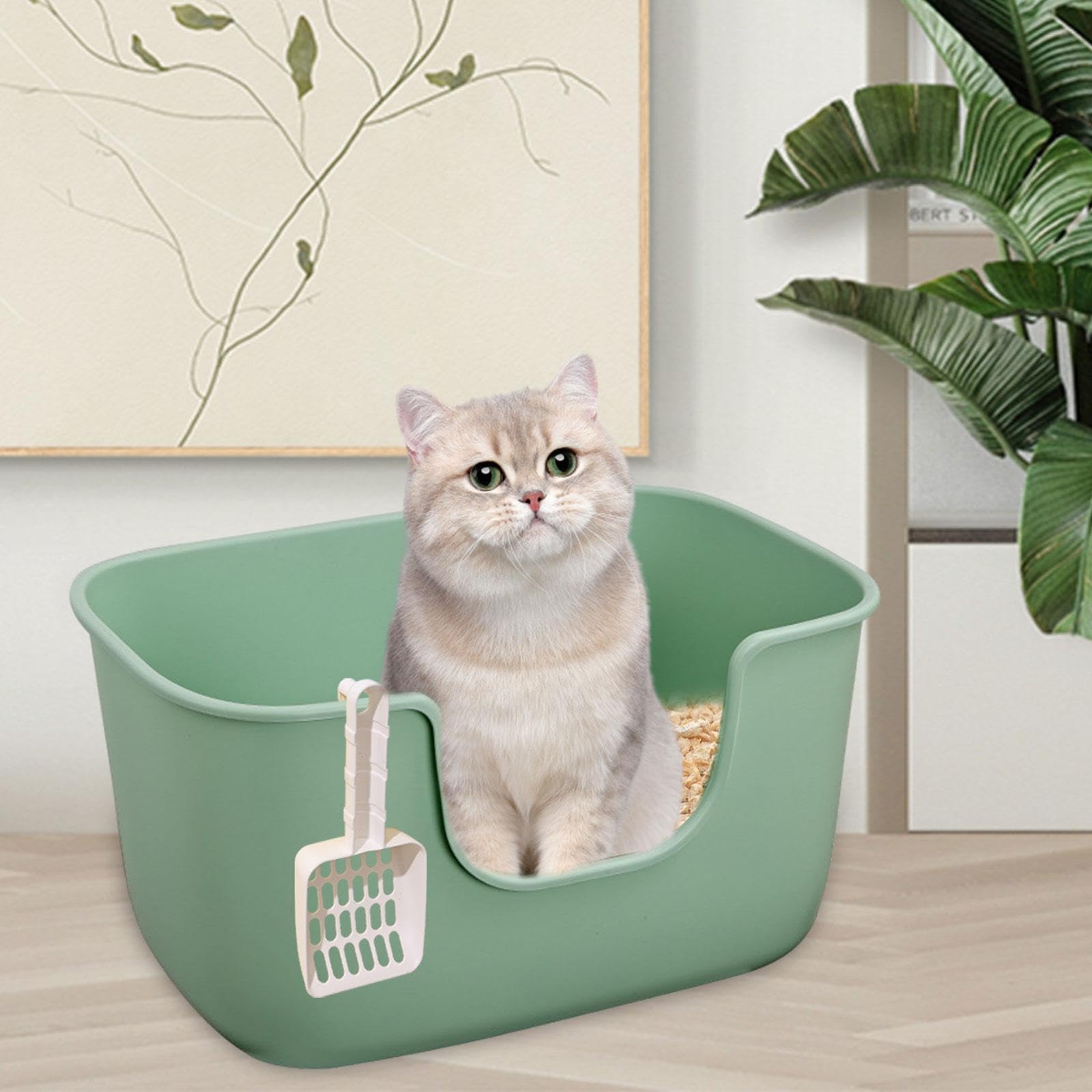 Katzenstreu Schale Großes Offenes Katzenklo mit Hohem Rand Katzenstreu Tablett Sandkasten Plastikbehälter Leicht zu Reinigen für Kleine Tiere Wohnungs, Grün