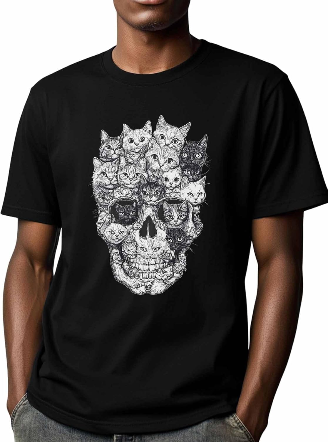 Men's T-Shirts Skull Head with Cats Crew Neck Short Sleeve Graphic Tees - Image 5