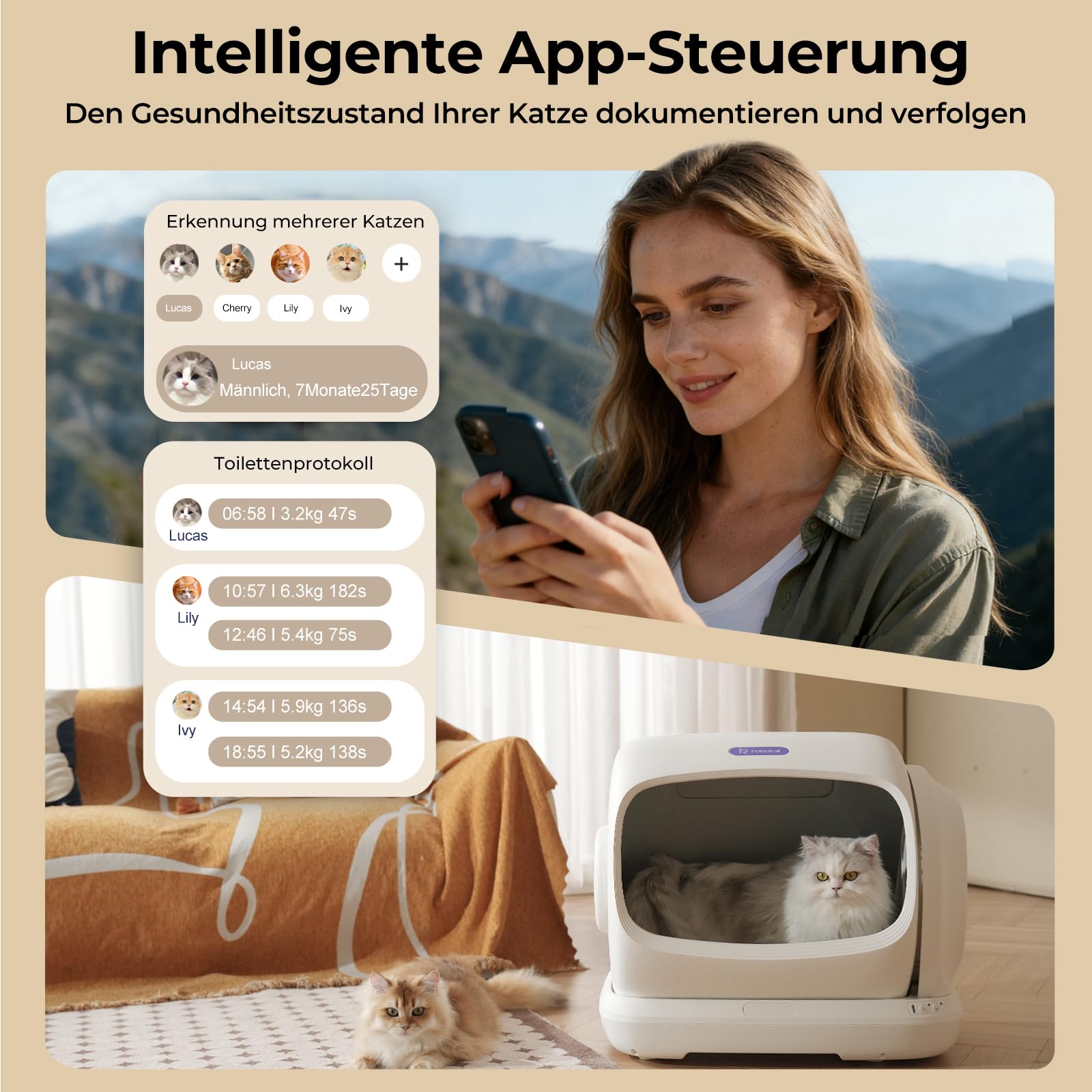 Robotail Selbstreinigende Katzentoilette Katzenklo Selbstreinigend, 106L XXXL Elektrisches Katzenklo für Große Katzen, Automatisches Katzenklo mit Weiter Öffnung, APP, Sensorsystem und Einklemmschutz