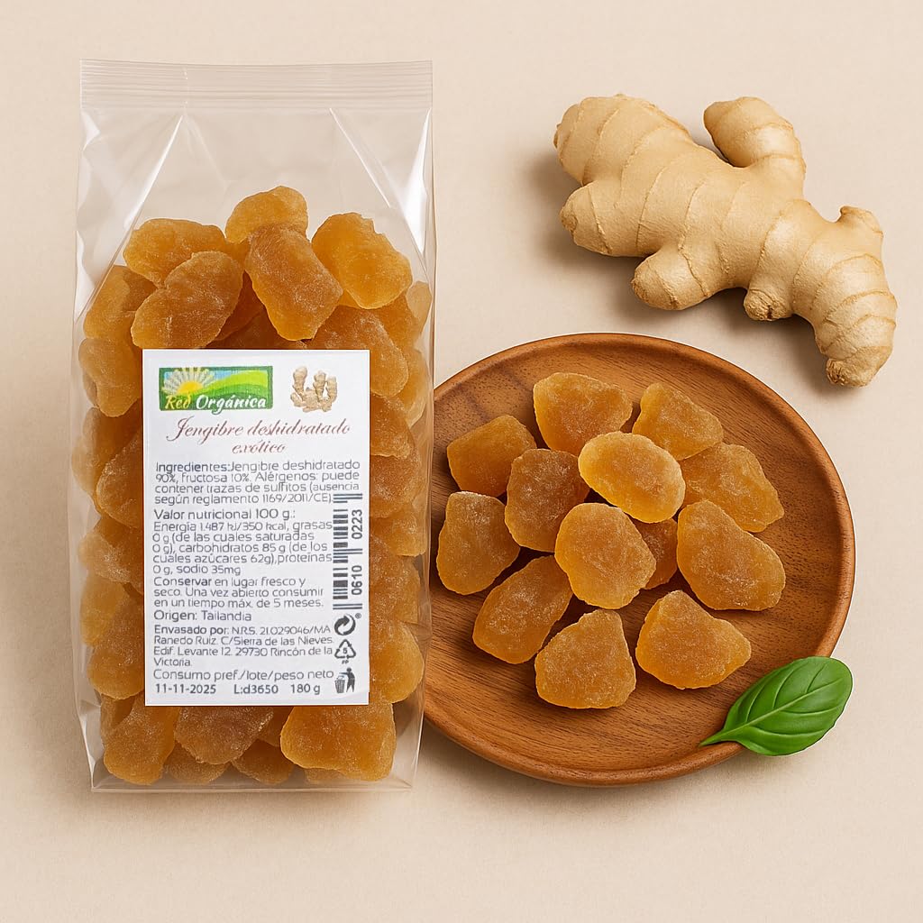Jengibre Exótico Deshidratado 180 g Red Orgánica – Snack Natural con 10% de Fructosa, Vegano, Rico en Fibra y Antioxidantes, Ideal para Infusiones, Batidos y Repostería Saludable