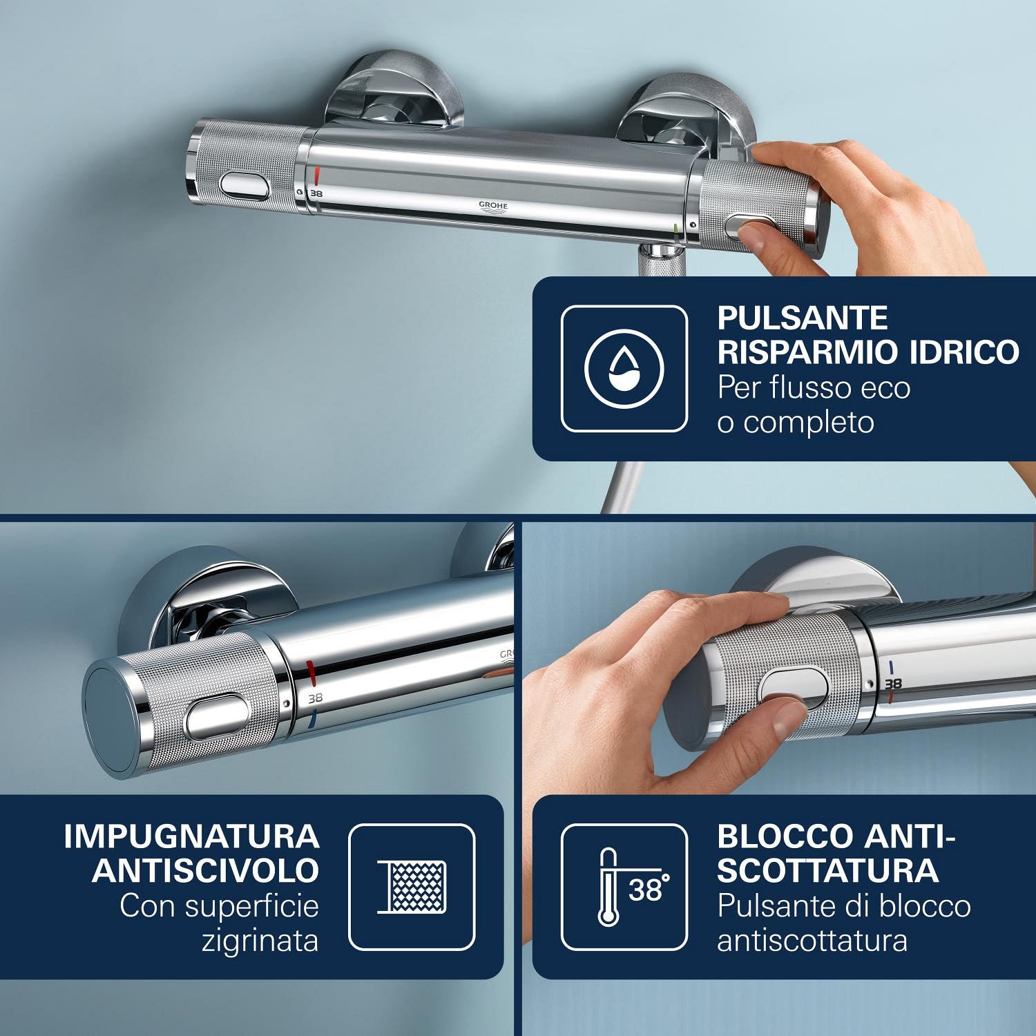 GROHE QUICKFIX, Precision Feel, Miscelatore termostatico per doccia, limitatore di portata GROHE EcoButton blocco sicurezza 38, Cromo, 34790000