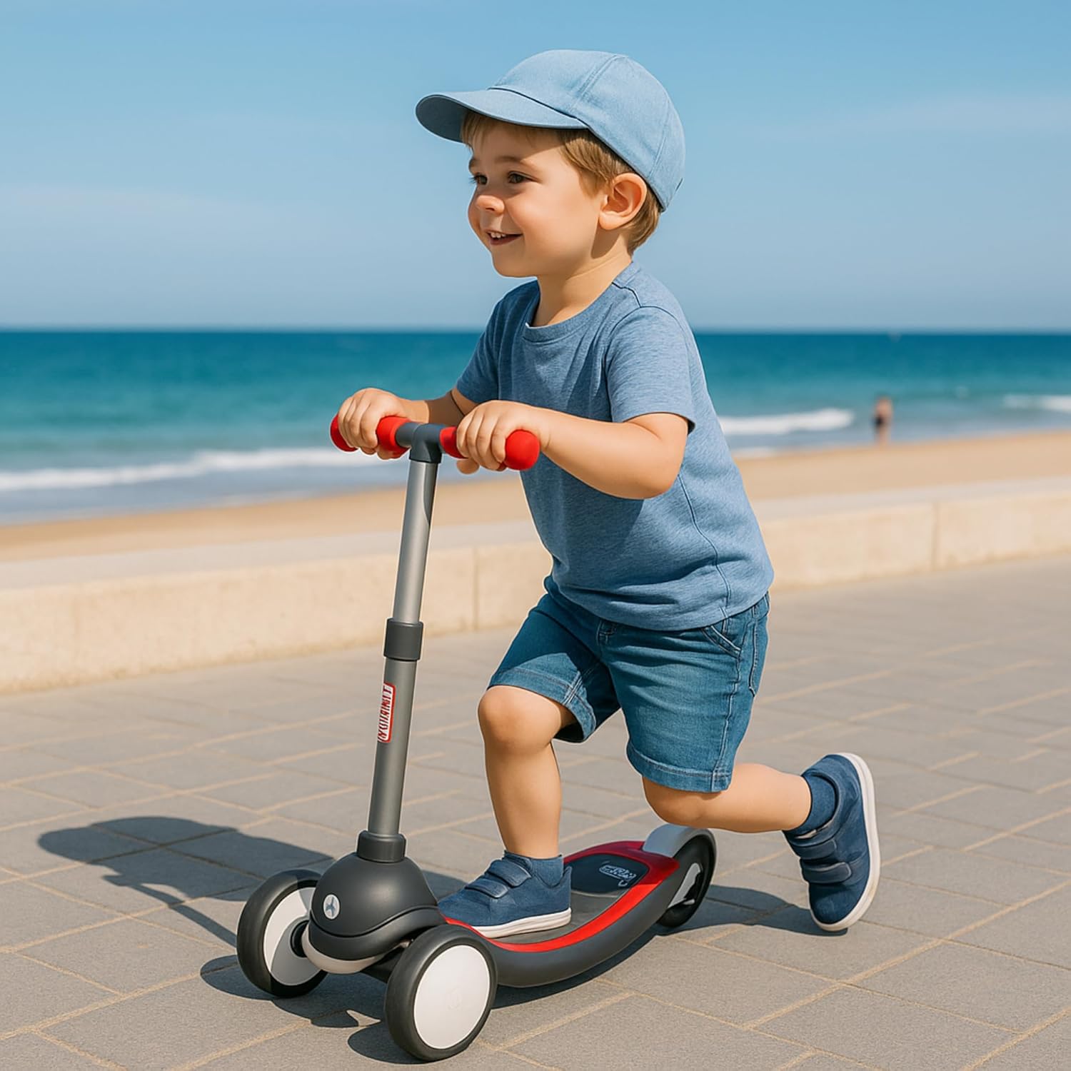 Child riding a Qplay Mika scooter outdoors.