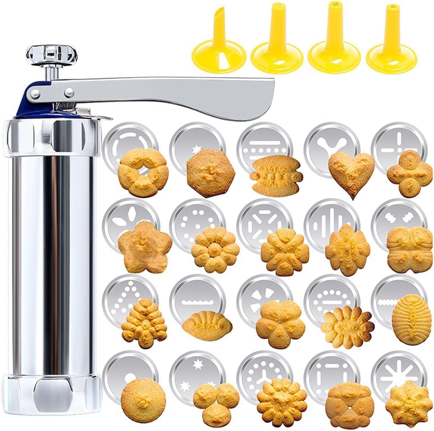 NALACAL Cookie Press Gun Kit, Stainless Steel Biscuit Press Maker with 20 Decorative Molds and 4 Nozzles, Homemade Baking Biscuit Tool, Cookie Press for Baking, DIY and Decoration