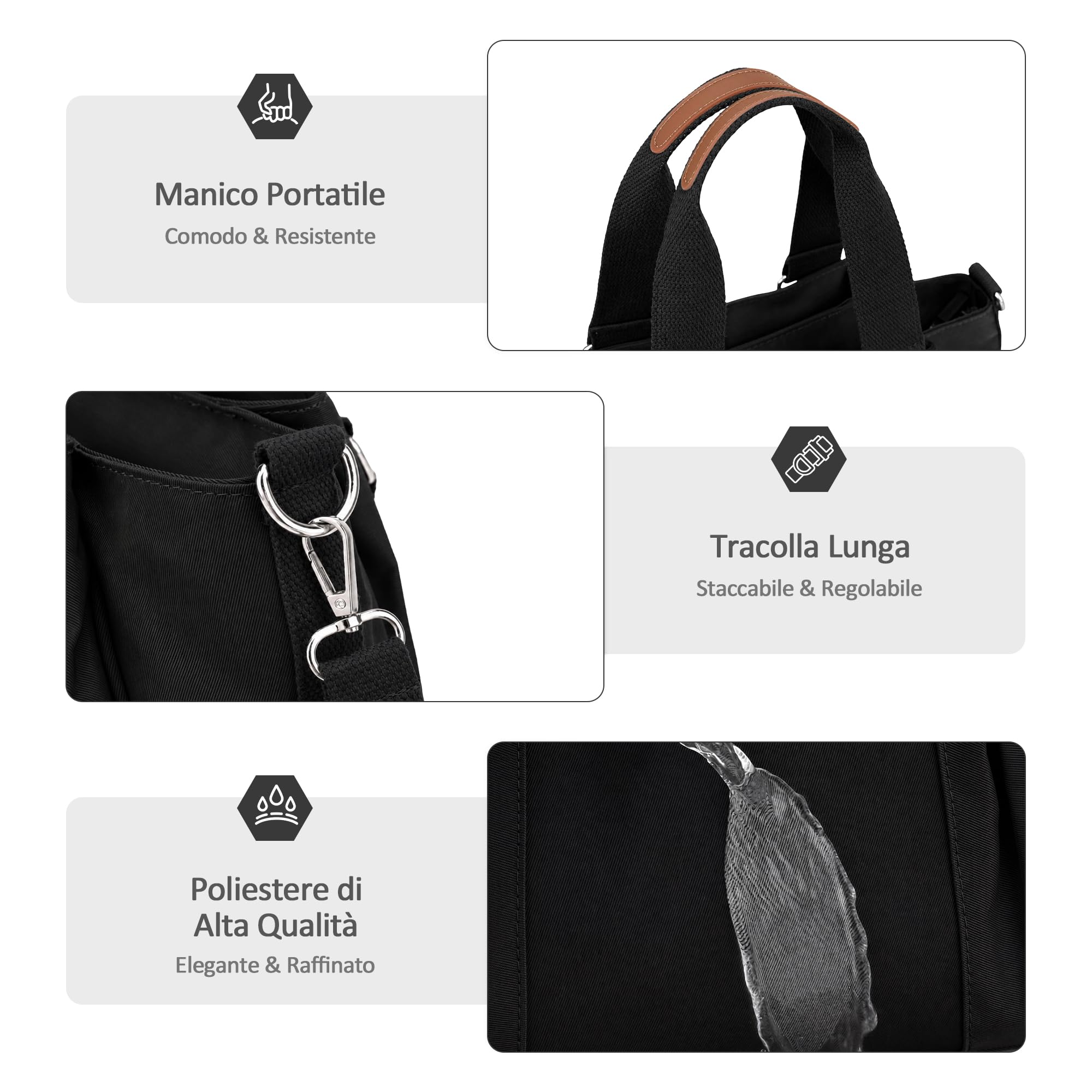 Donna Borsa Tracolla Moda Borsa Viaggio Borse Leggero Mano Borsetta Messenger Bag per Shopper Casual Lavoro Vacanze Impermeabile Nylon Nero