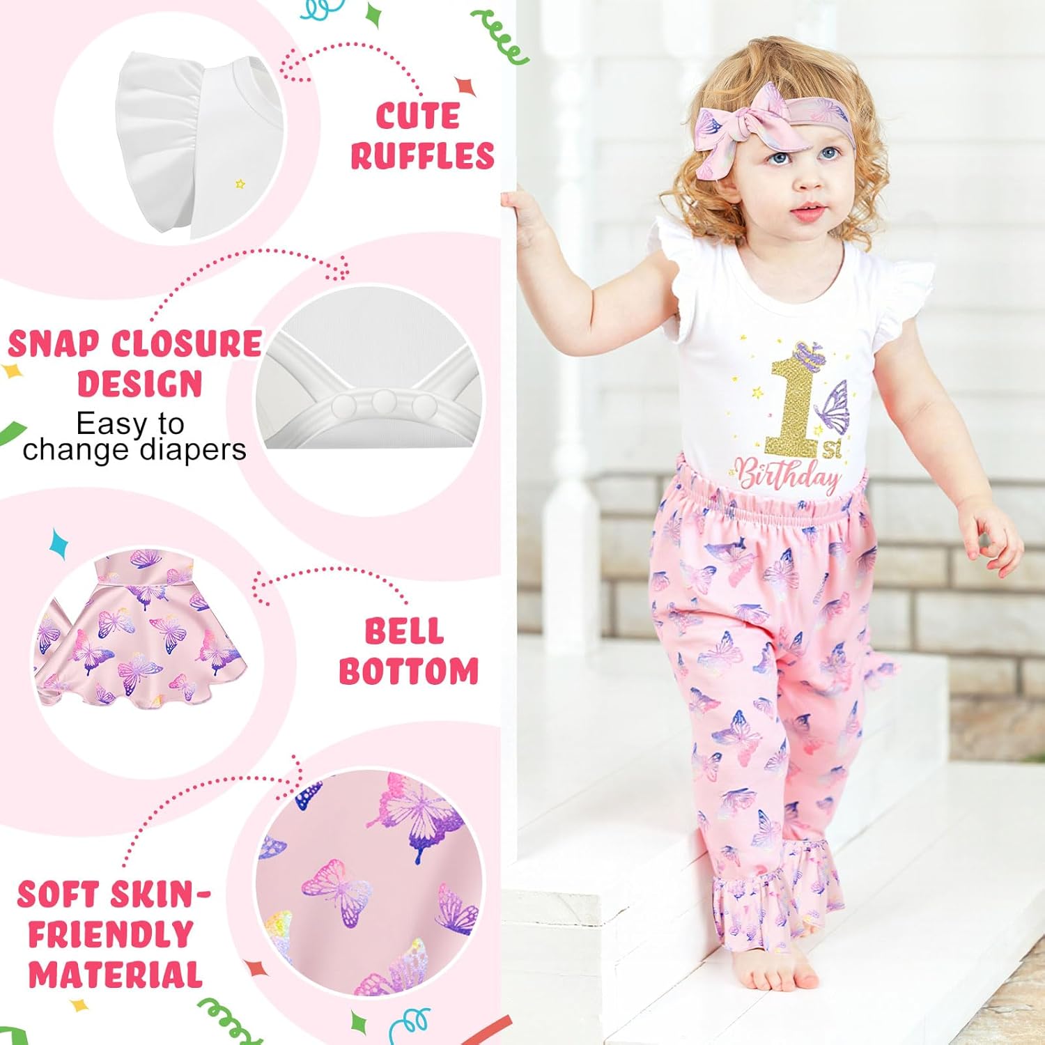 Baby 1st Birthday Outfit Girl One Year Old Clothes Butterfly Romper Flared Pant Headband Set for Little Girl Gifts - Image 3