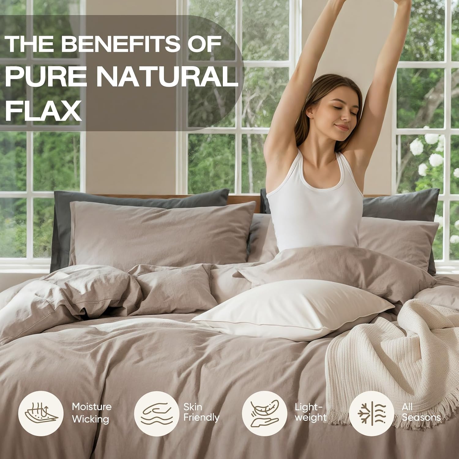 100% Pure French Flax Linen Blend Duvet Cover Set King Size, 3-Piece Breathable Bedding Set with Long Zipper Closure & Corner Ties, Soft, Lightweight & Durable Bedding Ideal for Hot Sleepers