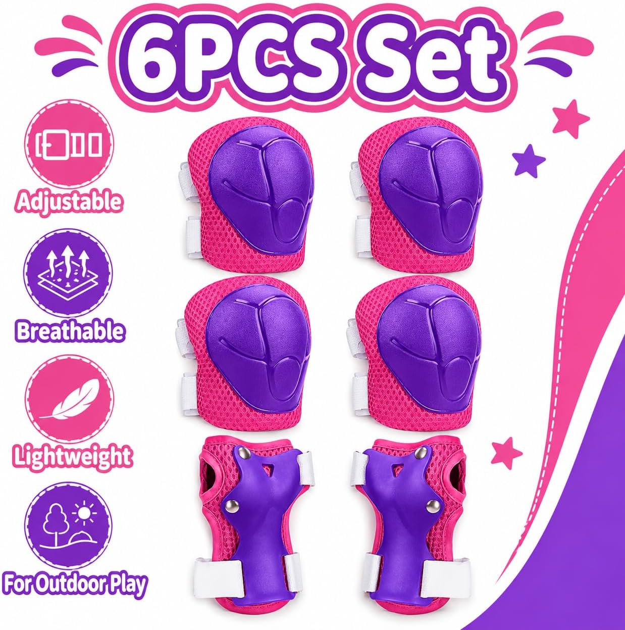 6pcs Kids Protective Gear Set, Knee & Elbow Pads with Wrist Guards for 5-9 Years, Impact Resistant Gear for Skateboard, Cycling, Scooter, Skating - CPSIA Certified (Lavender Purple)