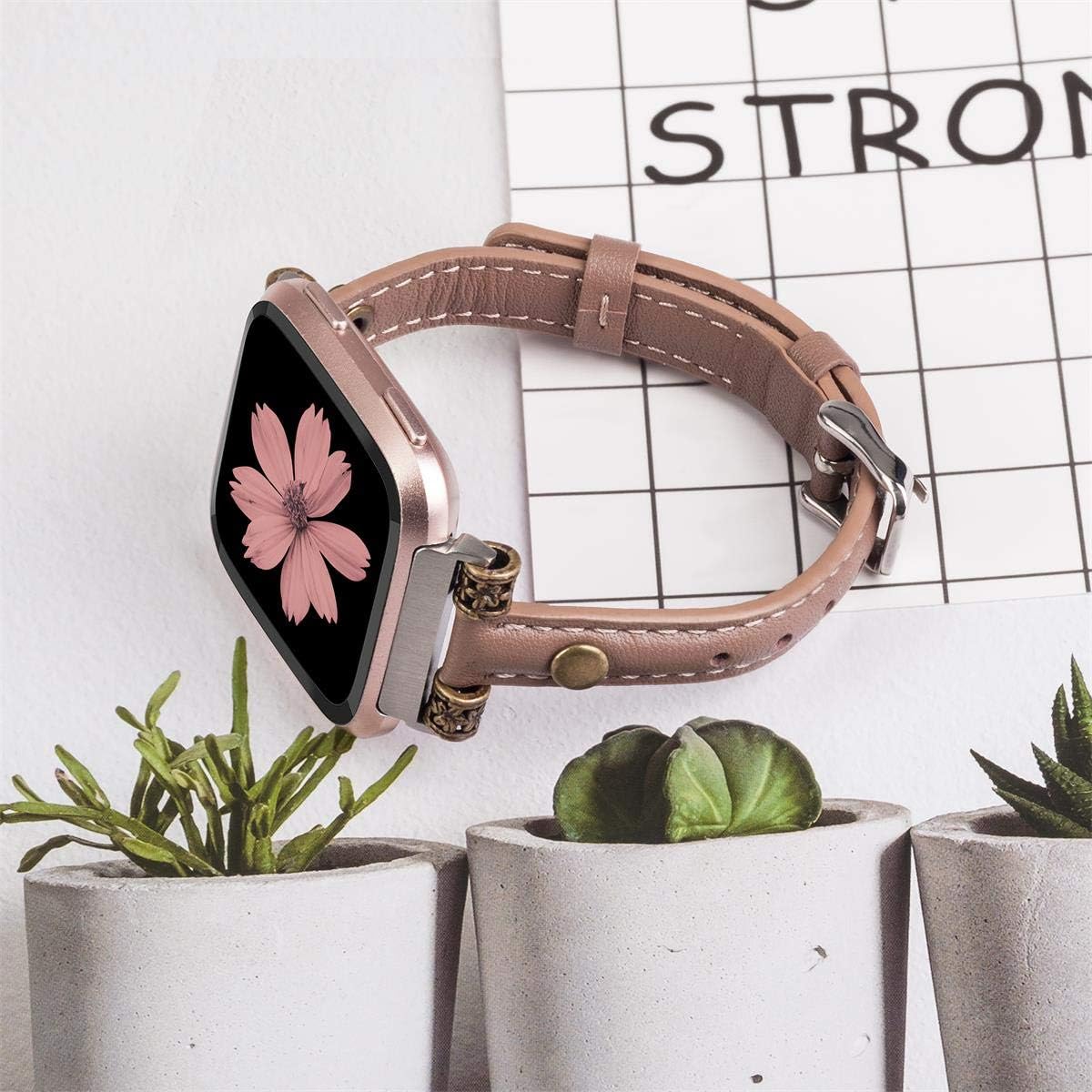 Wearlizer Leather Bands Compatible with Fitbit Versa/Versa 2 /Versa Lite/Versa SE for Women Men Large Small, Slim Genuine Leather Wristband Replacement Strap for Fitbit Versa(Tan)