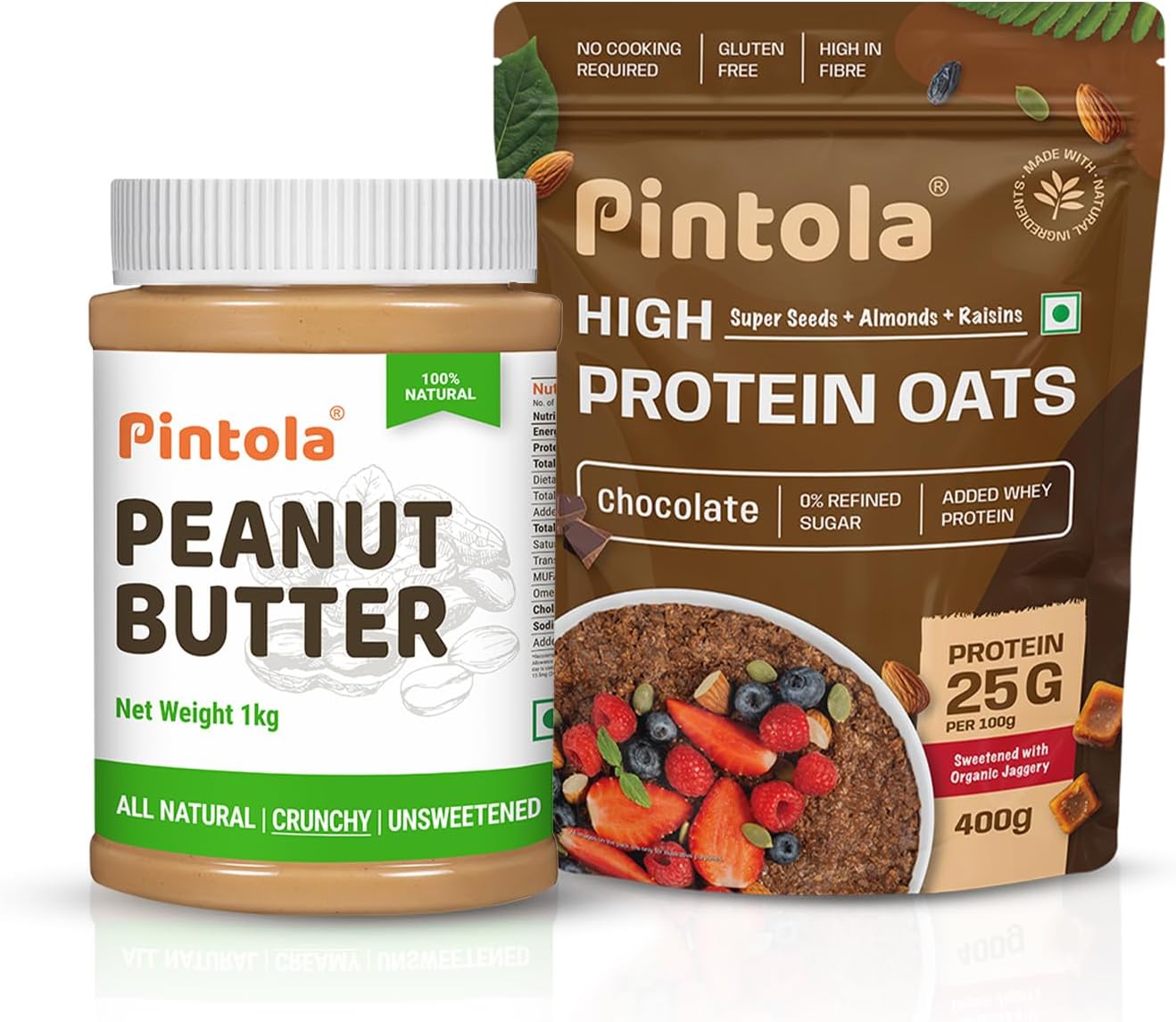 Fitness Combo: All Natural Peanut Butter Crunchy 1kg & 22g High Protein Dark Chocolate Oats 400g, No Refined Sugar, Gluten-Free, High Fiber & Perfect for Healthy Breakfast