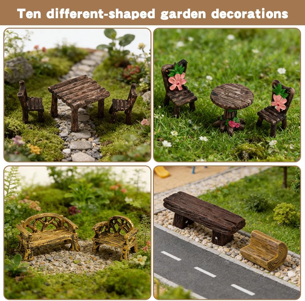 Fairy Garden Furniture Ornaments, 10 Pcs Miniature Table and Chairs Set Village Micro Resin Bench Chair Kit Micro Landscape Decoration DIY Craft Gift for Home Outdoor
