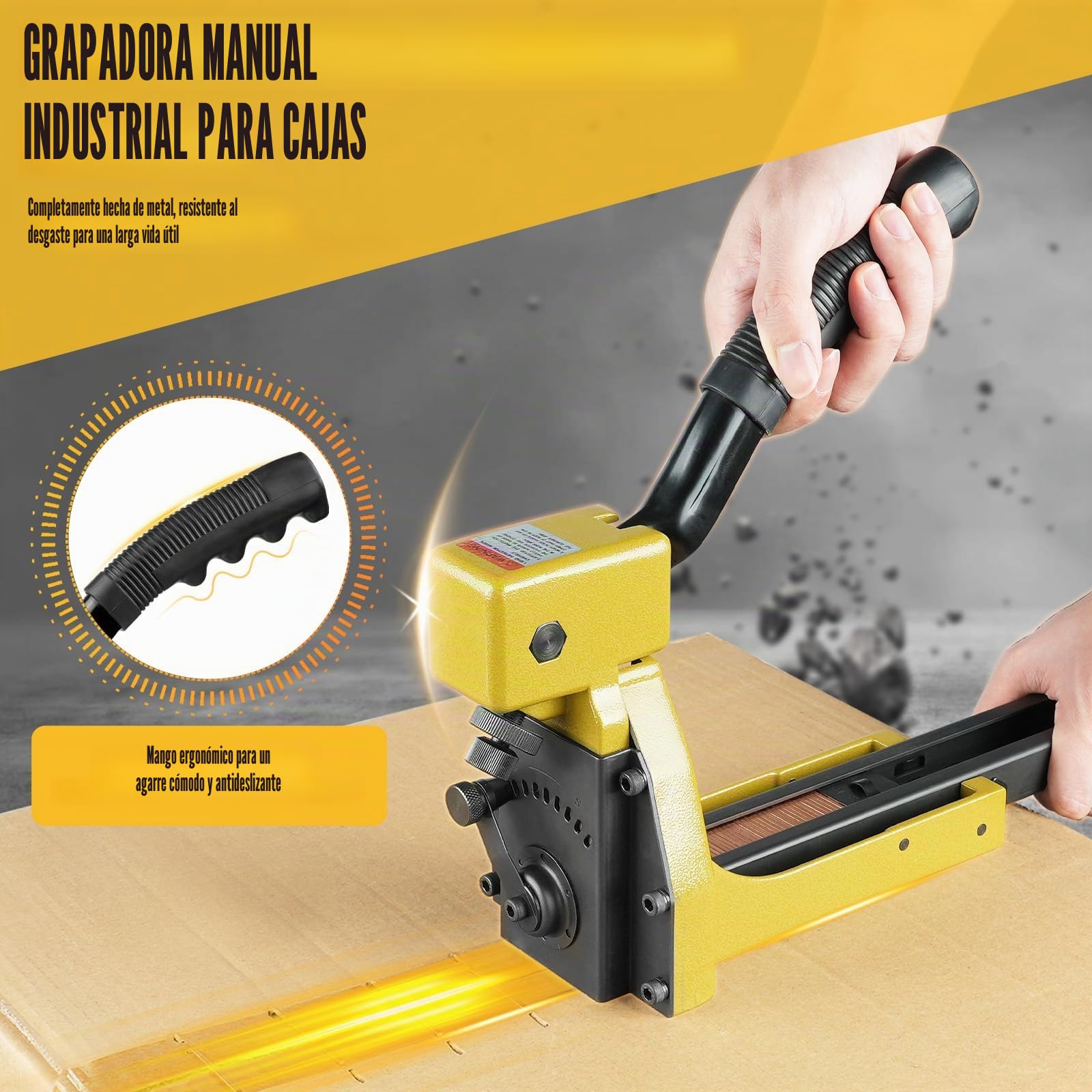 HB3518 Grapadora Manual para Cerrar Cajas de Cartón con Extractor de Grapas, Calibre 16, Corona de 34.7mm, Máquina de Grapar Cajas de Cartón para Plegado | Sin compresor, ligera en magnesio, profundidad ajustable para cartones, con extractor y empujador
