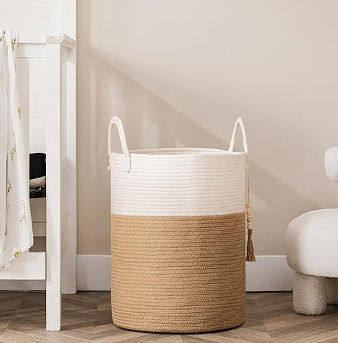 Miniatura 6 de UBBCARE Cesta de lavandería alta de 58 litros, 16 x 20 pulgadas, cesta de almacenamiento de cuerda tejida grande con asas, cesta de lavandería para