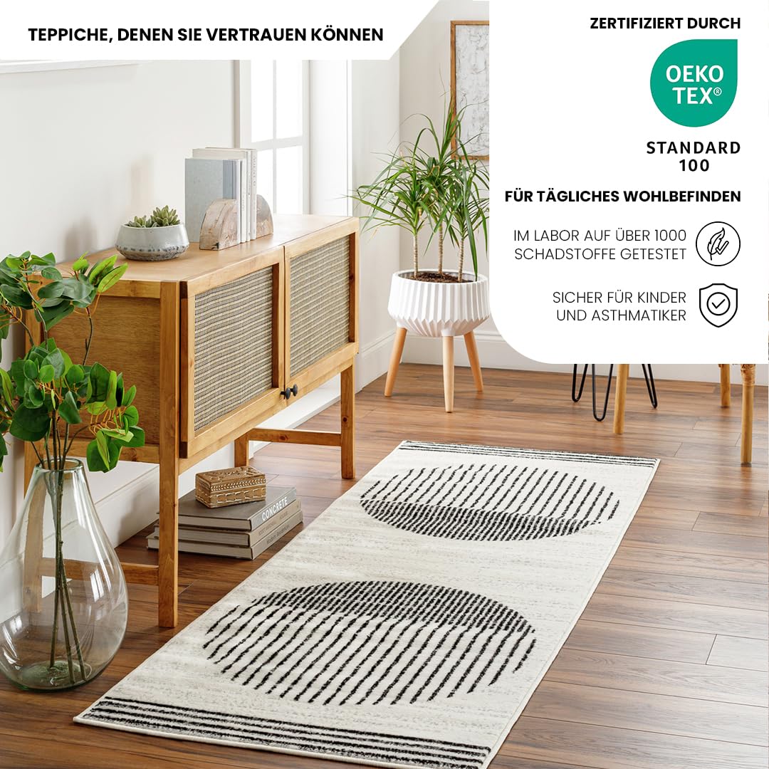 Livabliss Nairobi Teppich Wohnzimmer Boho, großer Teppich Schlafzimmer 80x220 cm - Teppiche für Esszimmer mit geometrischem Muster, Skandinavischer Wohnzimmerteppich modern in Elfenbein, Schwarz