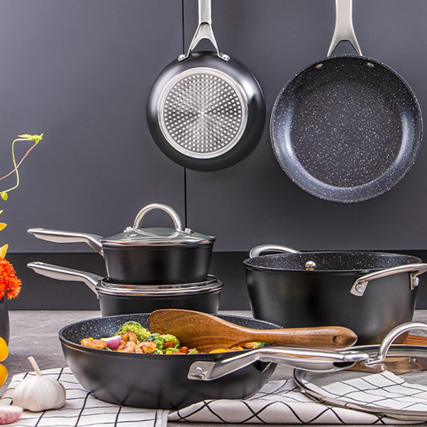 Cookware Set 10-piece, Nonstick Pots and Pans Sets with Stainless Steel Handle for All Stoves, Dishwasher & Oven Safe: Home & Kitchen