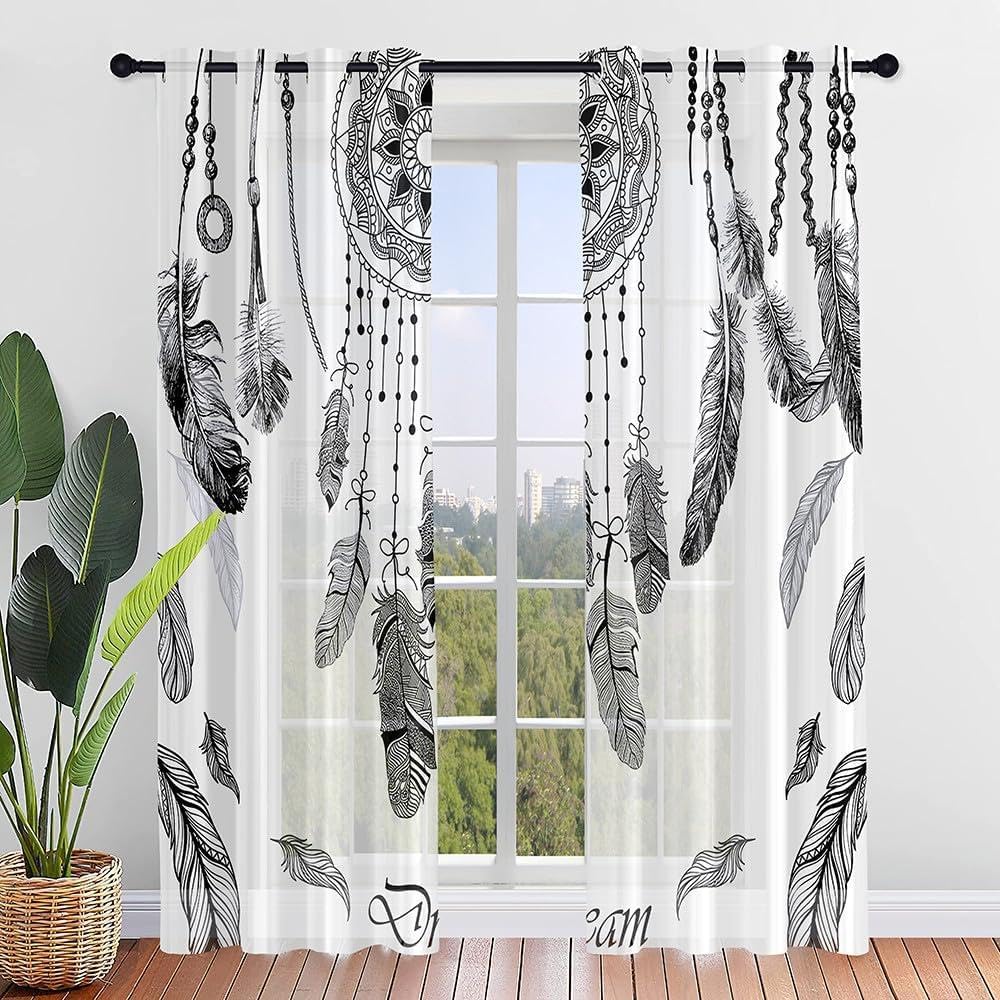 Surwin Estampado de Plumas Degradado Translucidas Cortinas Salon, 2 Piezas Cortina con Ojales, Cocina Dormitorio Cortinas y Moderno Visillos Visillos Cortos para Ventanas (55x95cm,Gris)