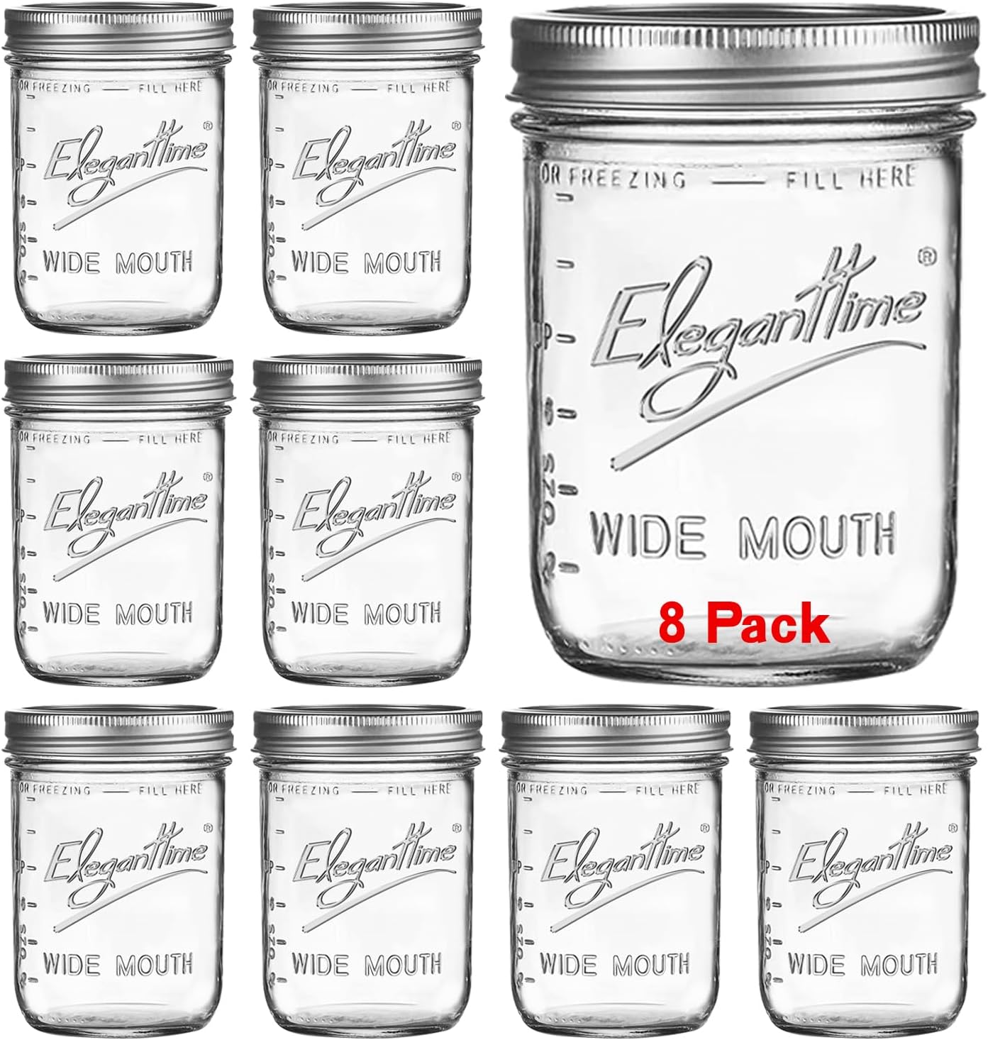 eleganttime Wide Mouth Mason Jars 16 oz,8 Pack Canning Jars