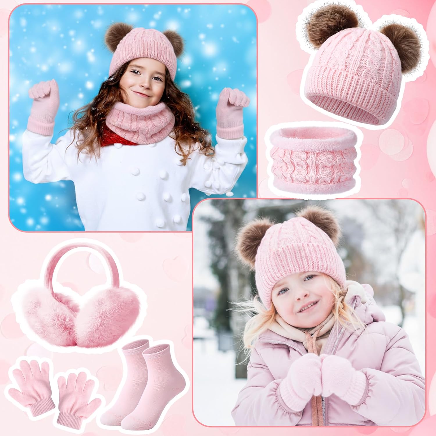 Chicingyou 5 Pcs Kids Winter Beanie Hat Scarf Gloves Set Ear Muffs Socks Pompom Knit Warm Winter Cap for Girls Boy 4-10 Years