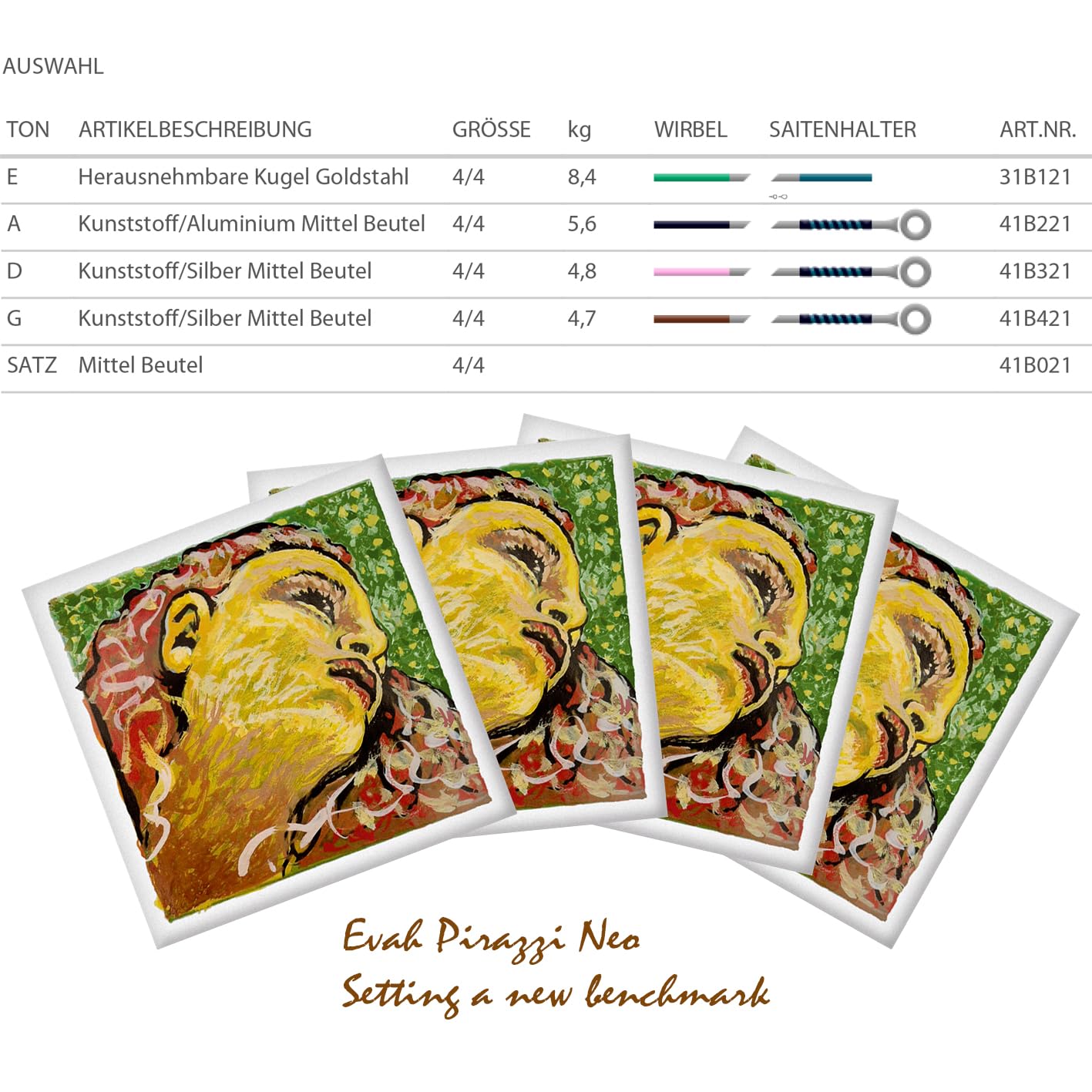 Evah Pirazzi Neo Violinsaiten Satz 4/4 – Medium, Synthetikkern, E-Saite vergoldeter Kohlenstoffstahl (herausnehmbare Kugel), A Aluminium, D/G Silber – Set 41B021